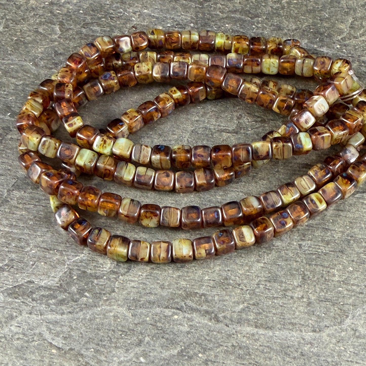 Czech Glass Beads - 4mm Cube, Brown and Tea Green with Picasso (CUB/N-0156) * Qty. 40