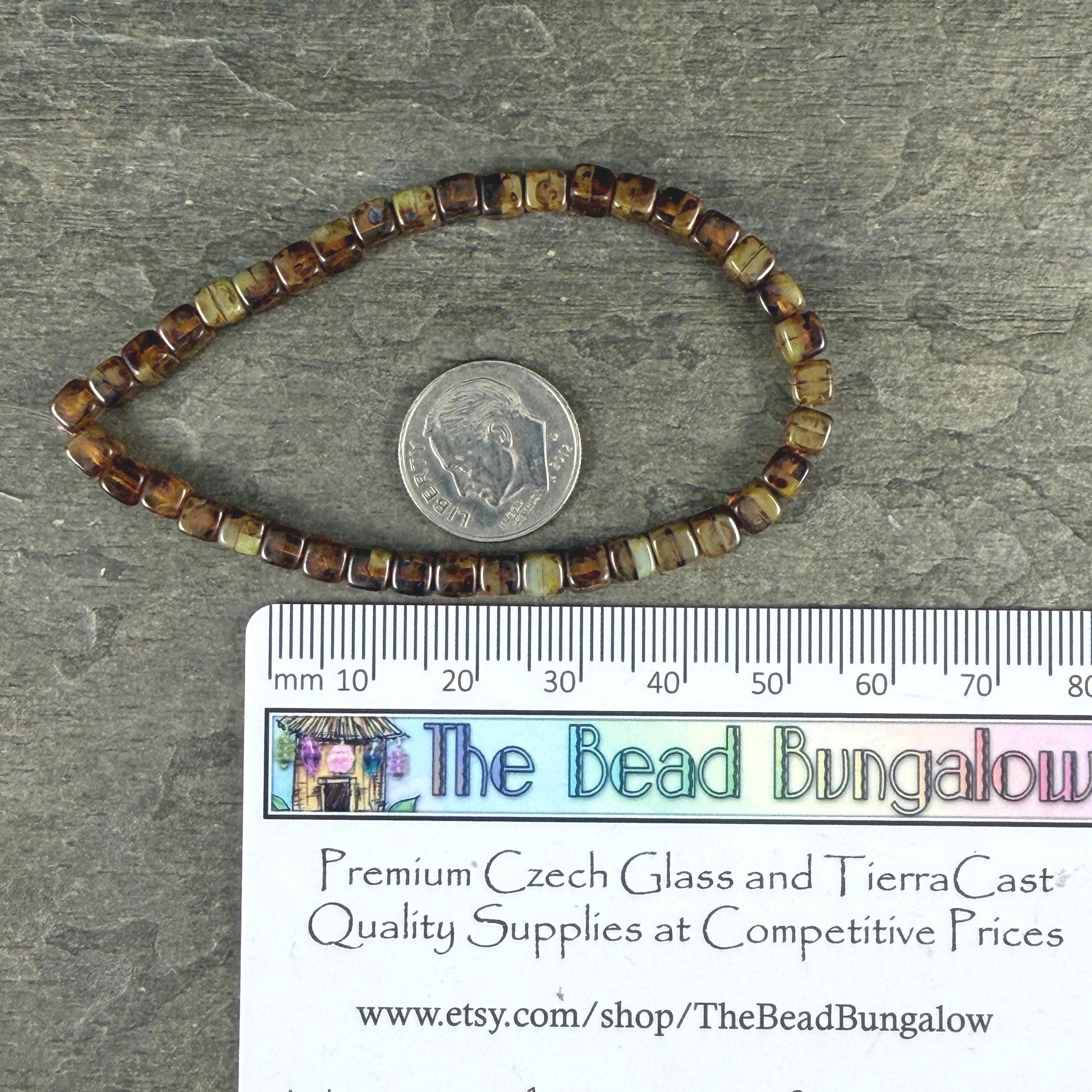 Czech Glass Beads - 4mm Cube, Brown and Tea Green with Picasso (CUB/N-0156) * Qty. 40