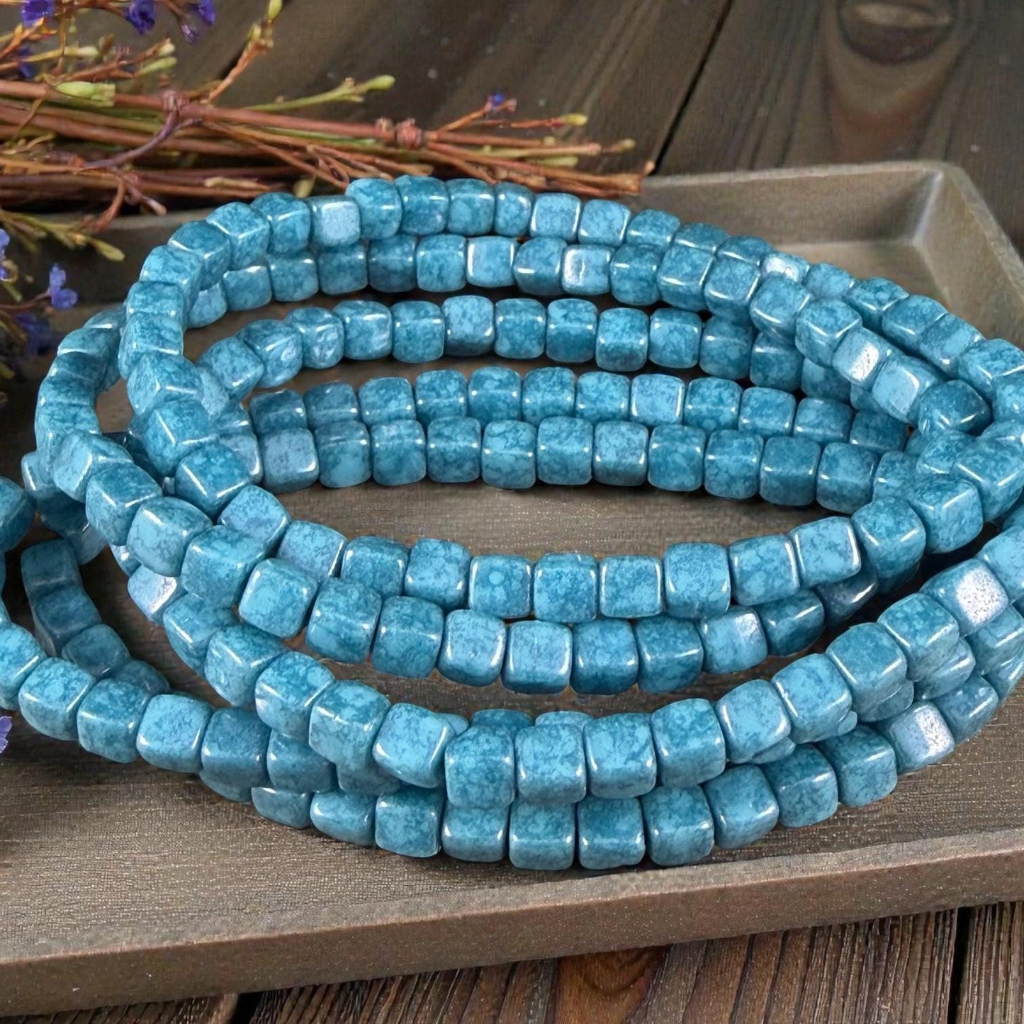 Czech Glass Beads - 4mm Cube, Slate Blue Picasso Luster (CUB/N-0140) * Qty. 40