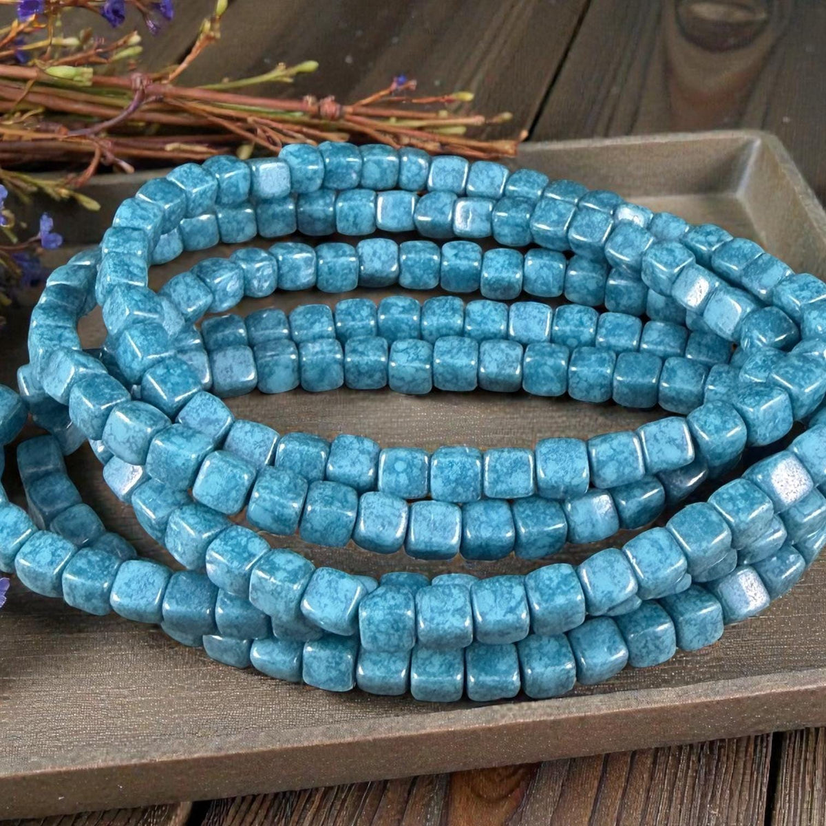 Czech Glass Beads - 4mm Cube, Slate Blue Picasso Luster (CUB/N-0140) * Qty. 40
