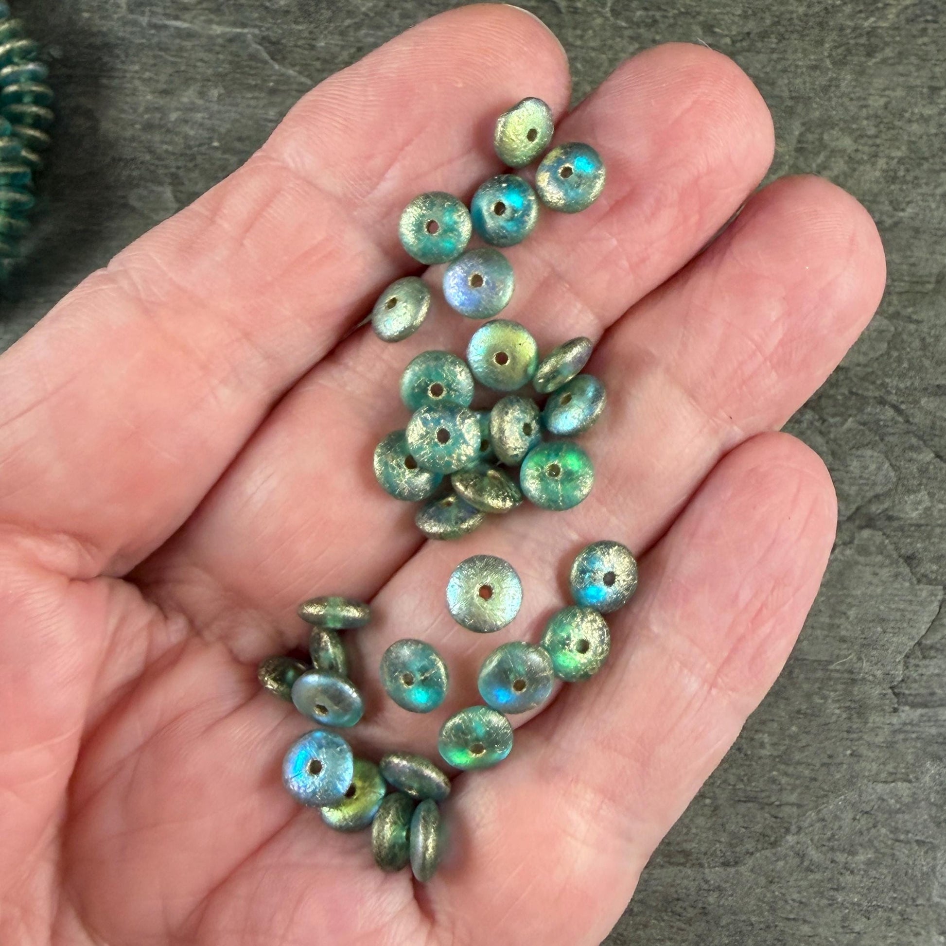 Czech Glass Beads - 6x2mm Heishi Rondelle, Etched Aqua with Gold and AB Finish (DSC/N-2026) * Qty. 50