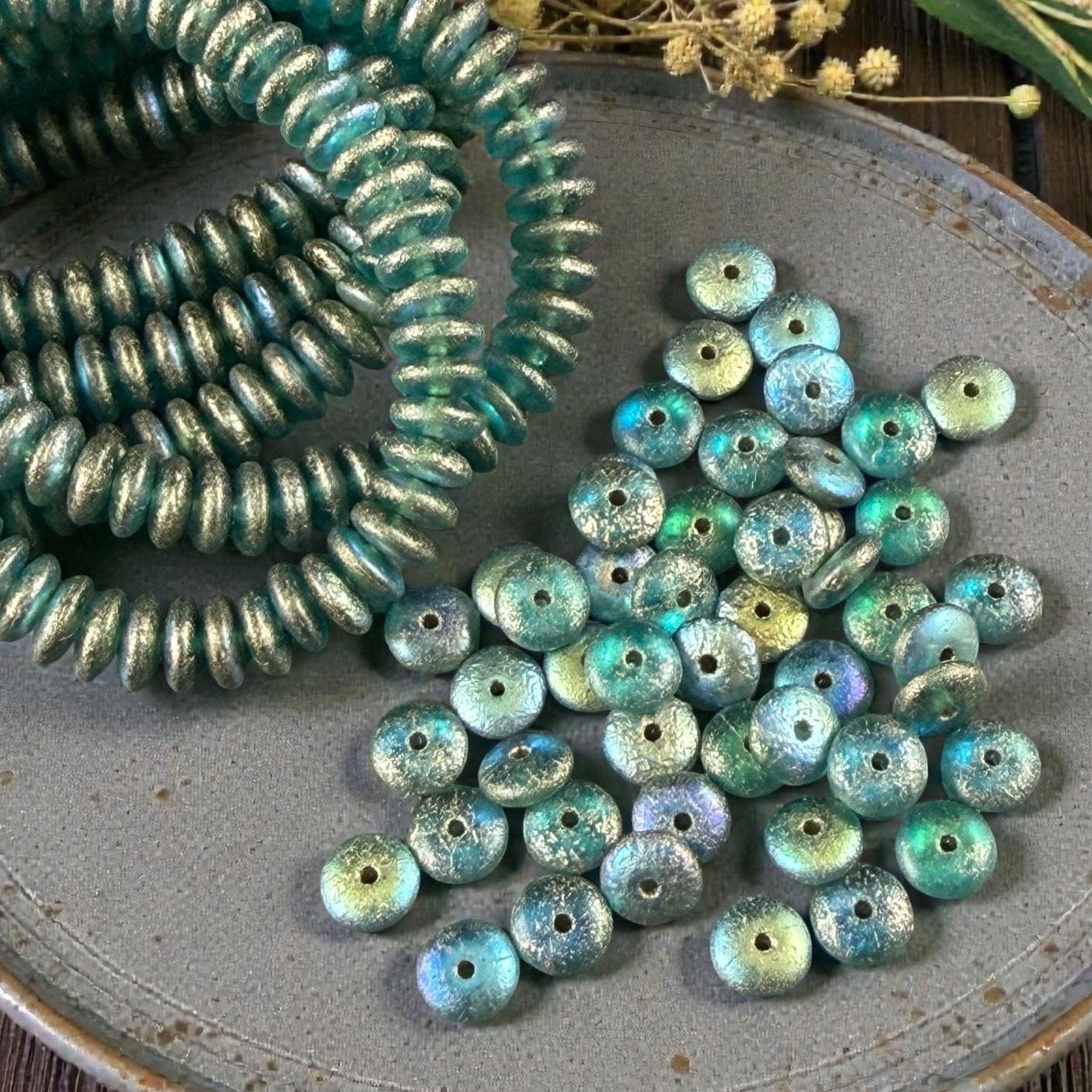 Czech Glass Beads - 6x2mm Heishi Rondelle, Etched Aqua with Gold and AB Finish (DSC/N-2026) * Qty. 50