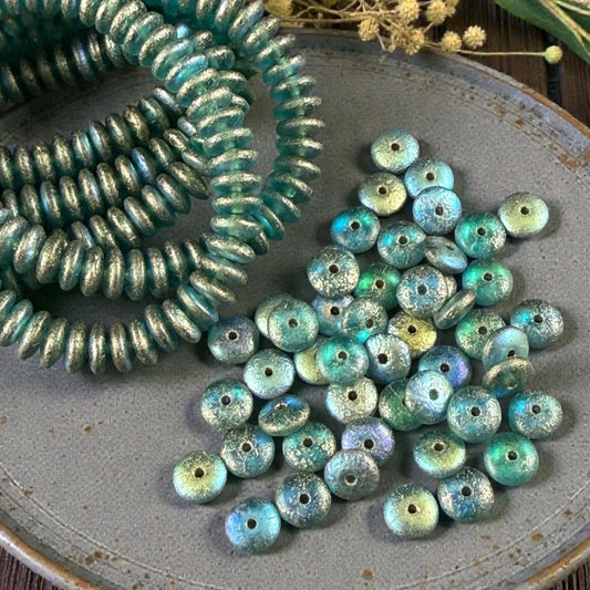 Czech Glass Beads - 6x2mm Heishi Rondelle, Etched Aqua with Gold and AB Finish (DSC/N-2026) * Qty. 50