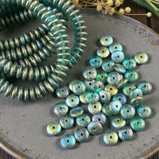 Czech Glass Beads - 6x2mm Heishi Rondelle, Etched Aqua with Gold and AB Finish (DSC/N-2026) * Qty. 50