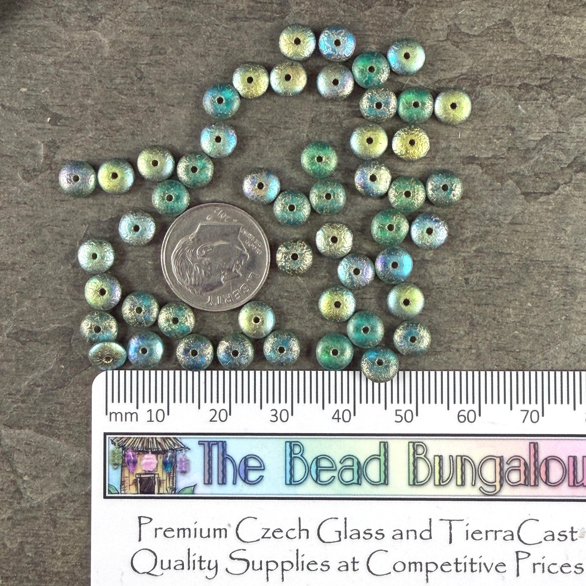 Czech Glass Beads - 6x2mm Heishi Rondelle, Etched Aqua with Gold and AB Finish (DSC/N-2026) * Qty. 50