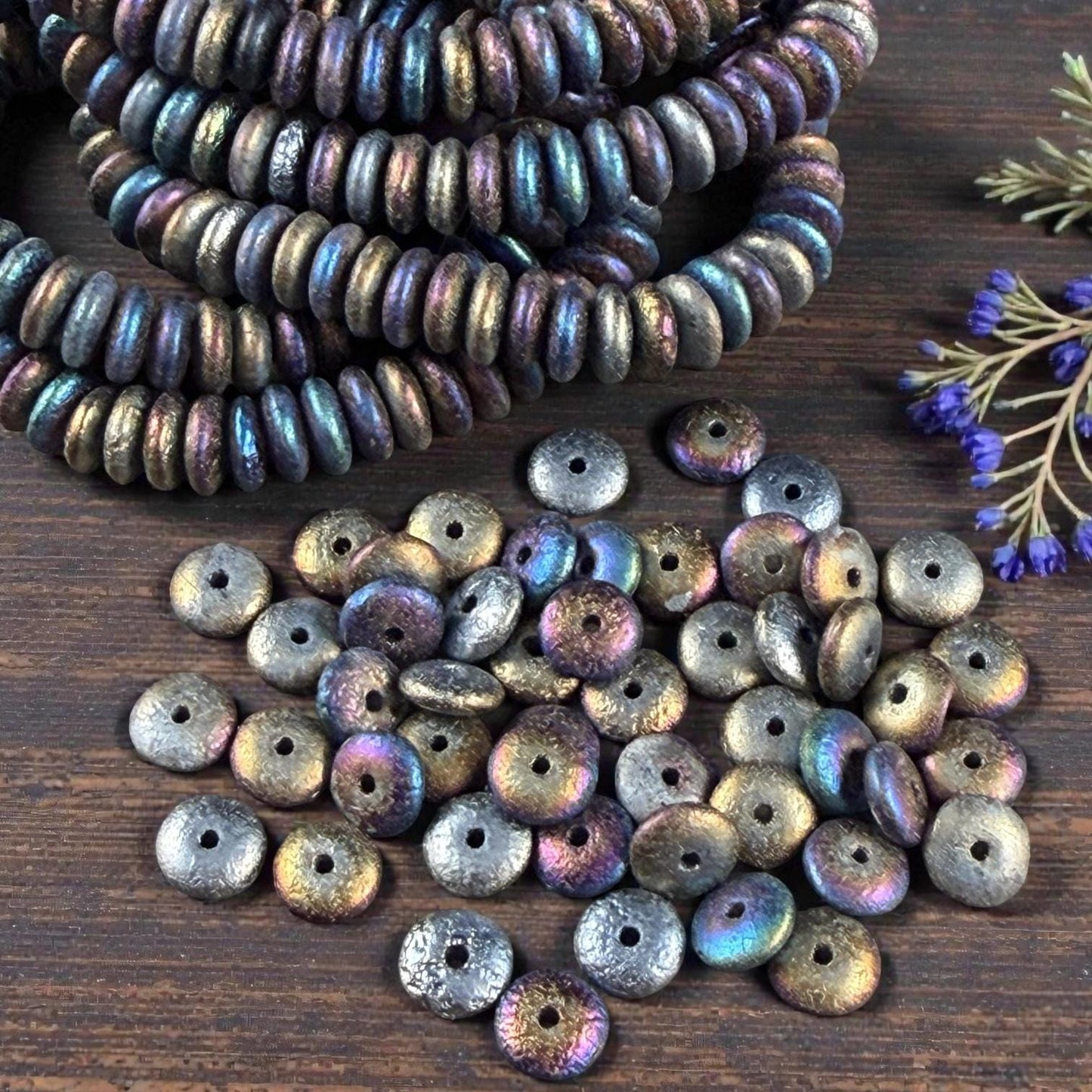 Czech Glass Beads - 6x2mm Heishi Rondelle, Metallic Blue Iris, Etched (DSC/N-0423) * Qty. 50