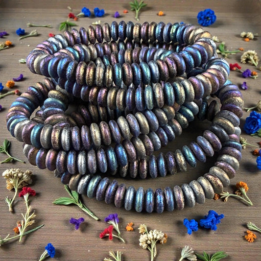 Czech Glass Beads - 6x2mm Heishi Rondelle, Metallic Blue Iris, Etched (DSC/N-0423) * Qty. 50