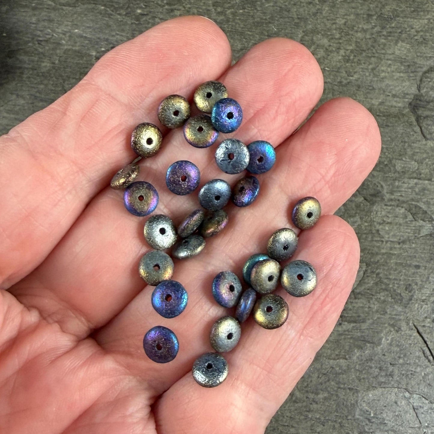 Czech Glass Beads - 6x2mm Heishi Rondelle, Metallic Blue Iris, Etched (DSC/N-0423) * Qty. 50
