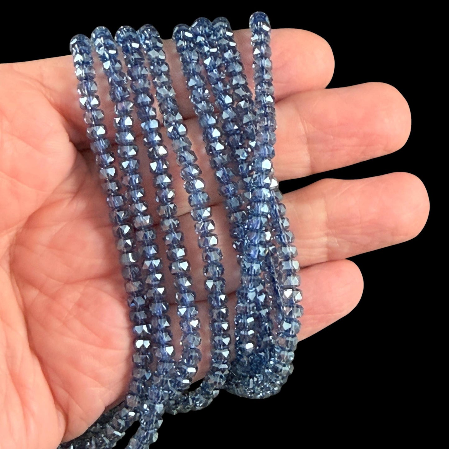 Faceted Glass Beads - 4x2.5mm Heishi Rondelles, Transparent Sapphire Blue (Sapphire) * 7" Strand
