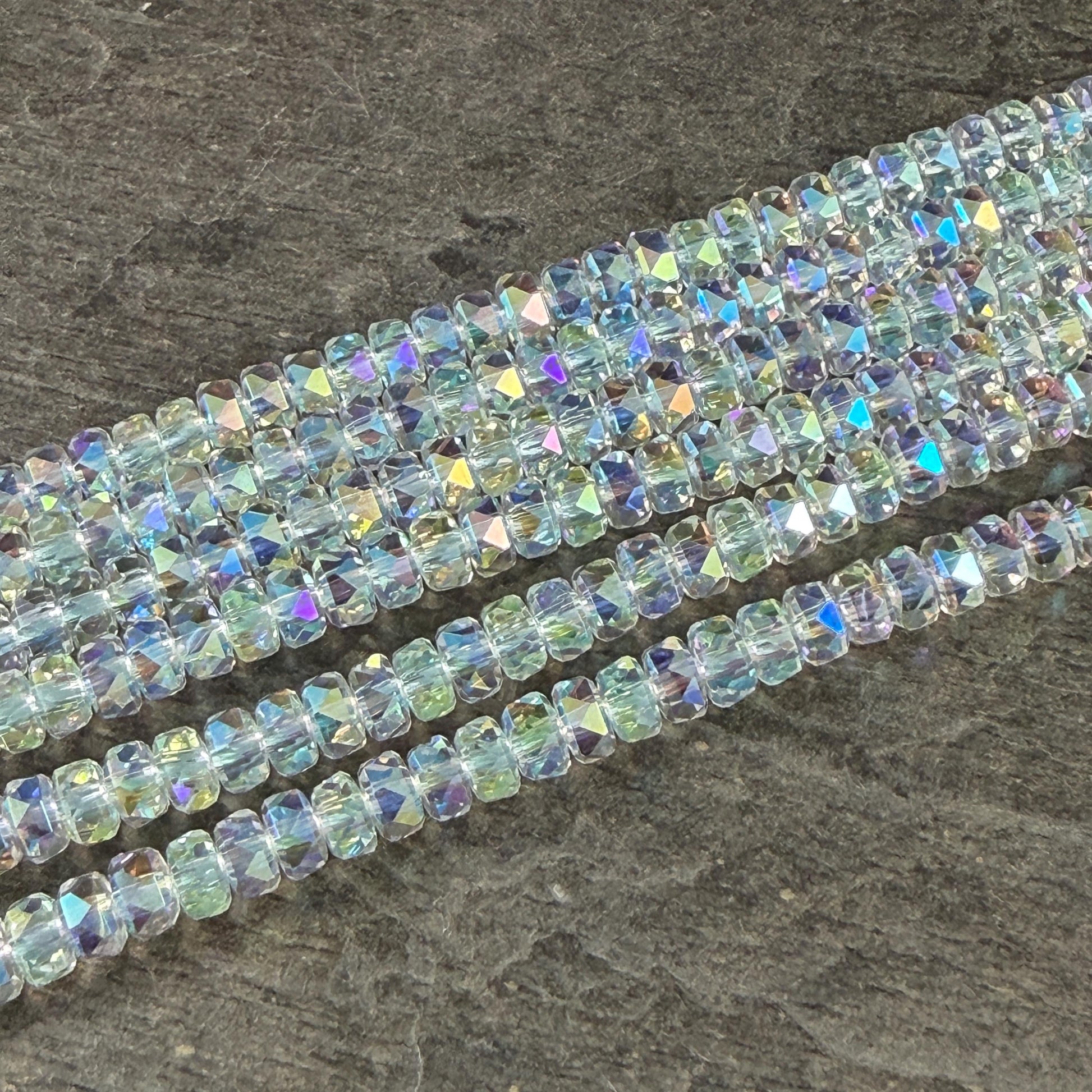 Faceted Glass Beads - 4x2.5mm Heishi Rondelles, Clear with AB Finish (Clear AB) * 7" Strand