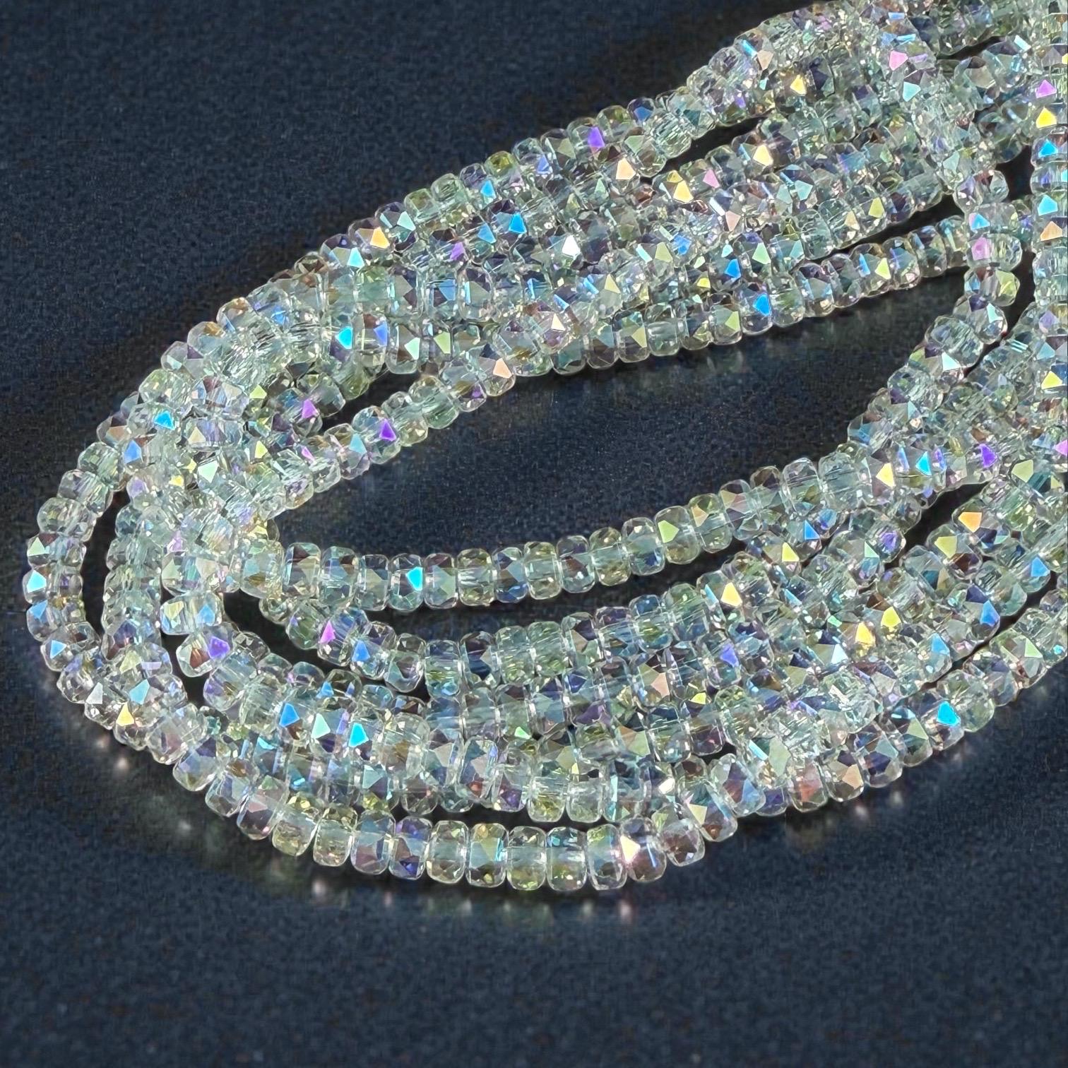 Faceted Glass Beads - 4x2.5mm Heishi Rondelles, Clear with AB Finish (Clear AB) * 7" Strand