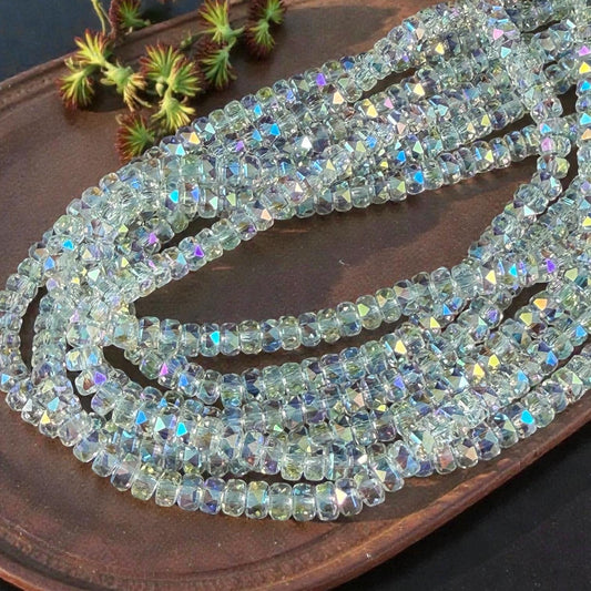 Faceted Glass Beads - 4x2.5mm Heishi Rondelles, Clear with AB Finish (Clear AB) * 7" Strand