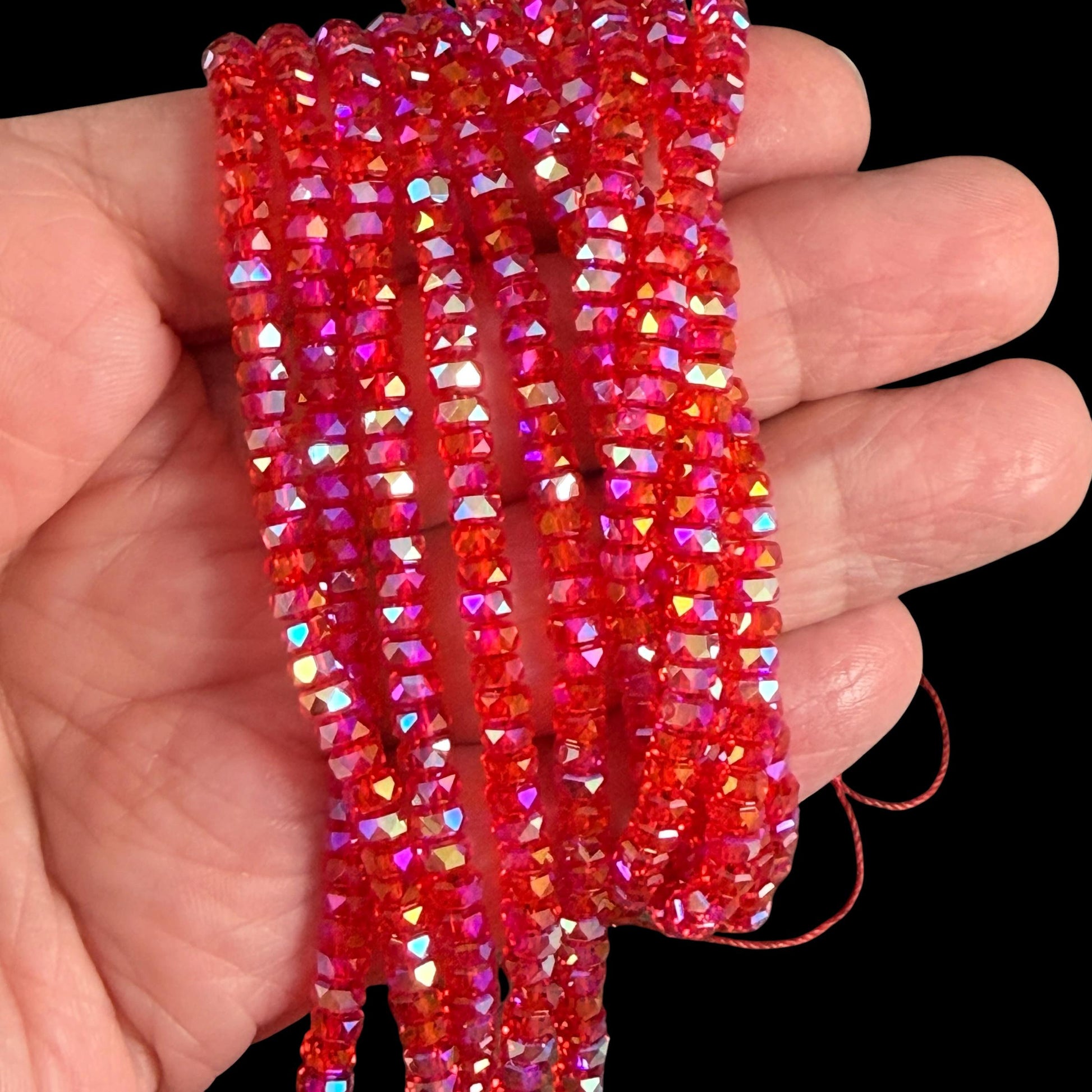 Faceted Glass Beads - 4x2.5mm Heishi Rondelles, Siam AB Transparent Red (Siam-AB) * 7" Strand