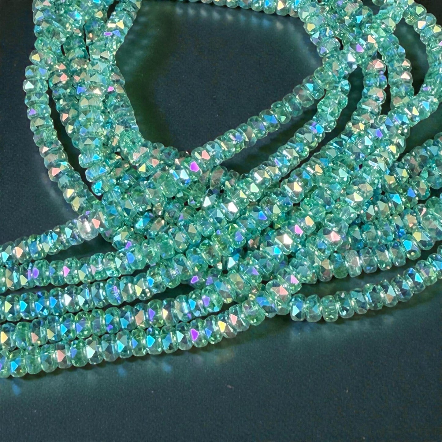 Faceted Glass Beads - 4x2.5mm Heishi Rondelles, Green Aquamarine with AB Finish (GAquaAB) * 7" Strand