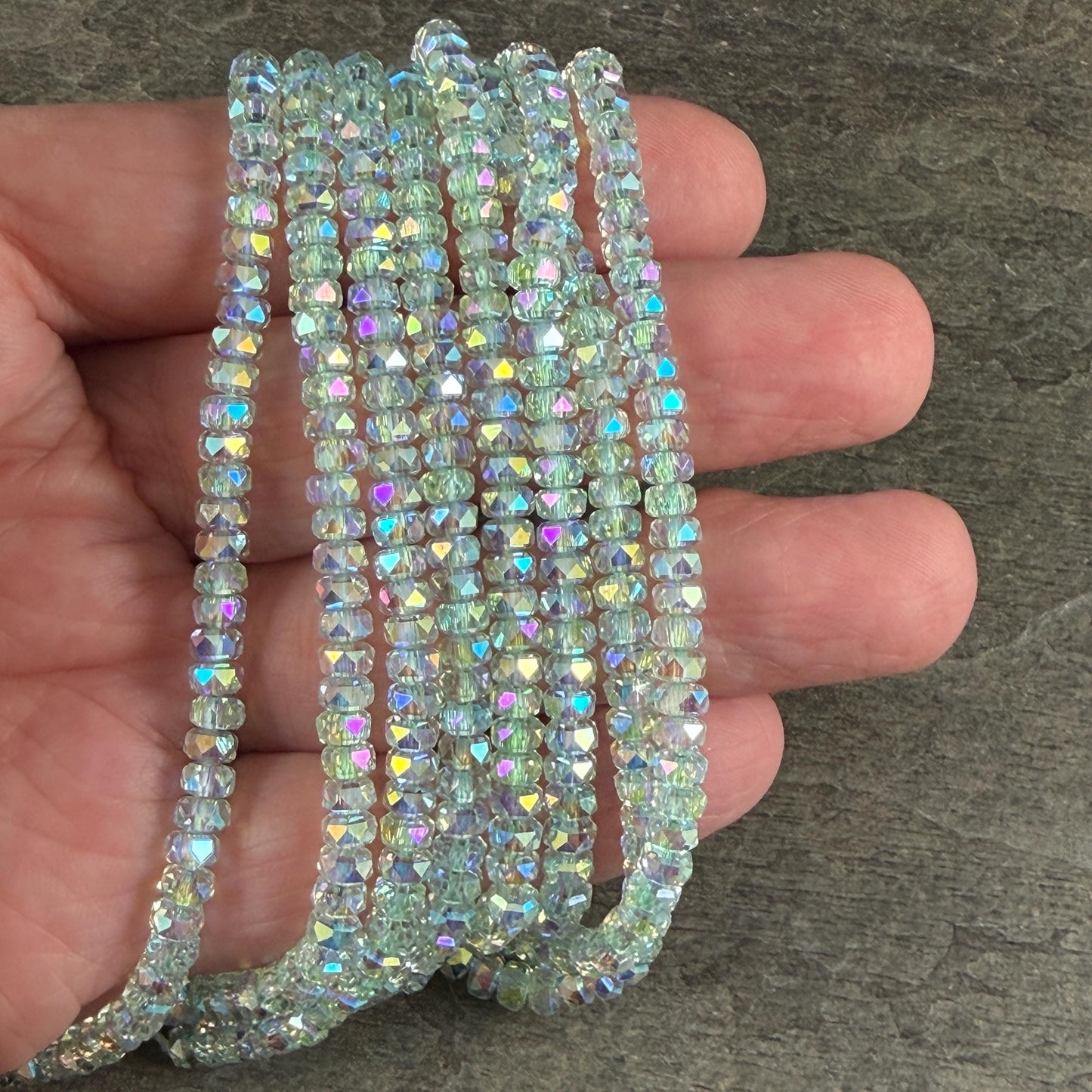 Faceted Glass Beads - 4x2.5mm Heishi Rondelles, Very Light Green with AB Finish (LtGreenAB) * 7" Strand