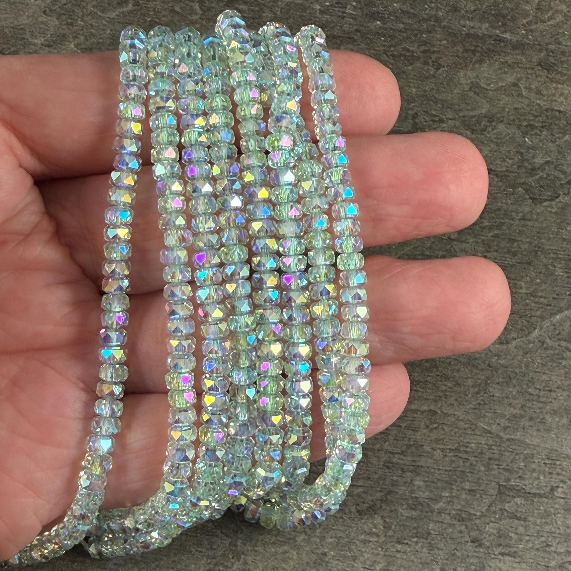 Faceted Glass Beads - 4x2.5mm Heishi Rondelles, Very Light Green with AB Finish (LtGreenAB) * 7" Strand
