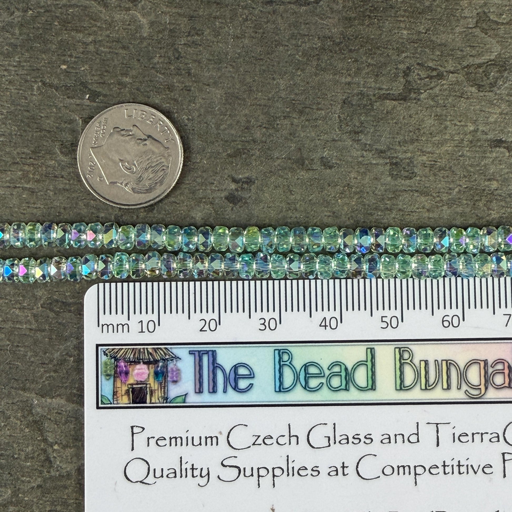 Faceted Glass Beads - 4x2.5mm Heishi Rondelles, Very Light Green with AB Finish (LtGreenAB) * 7" Strand