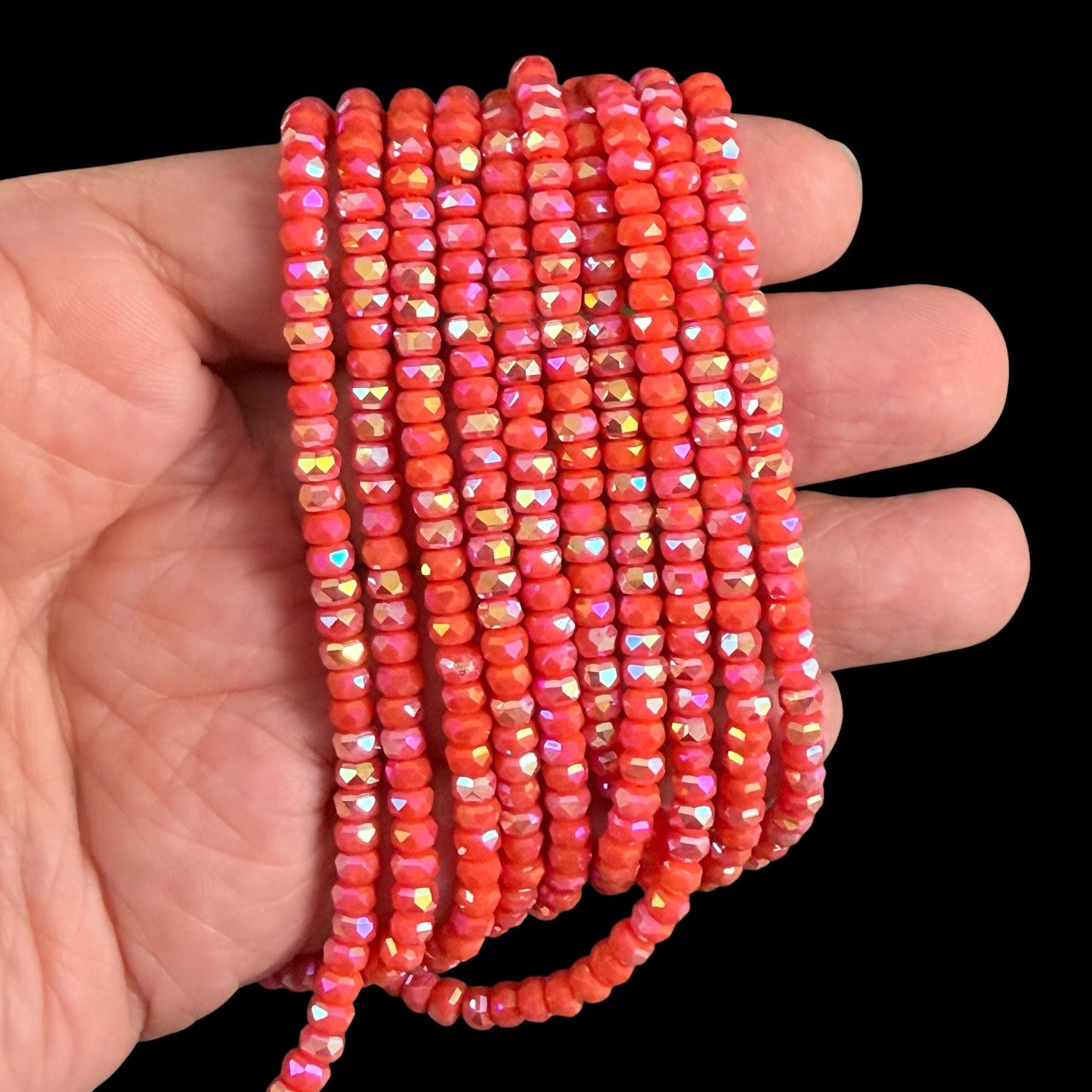 Faceted Glass Beads - 4x2.5mm Heishi Rondelles, Opaque Coral AB (Coral-AB) * 7" Strand