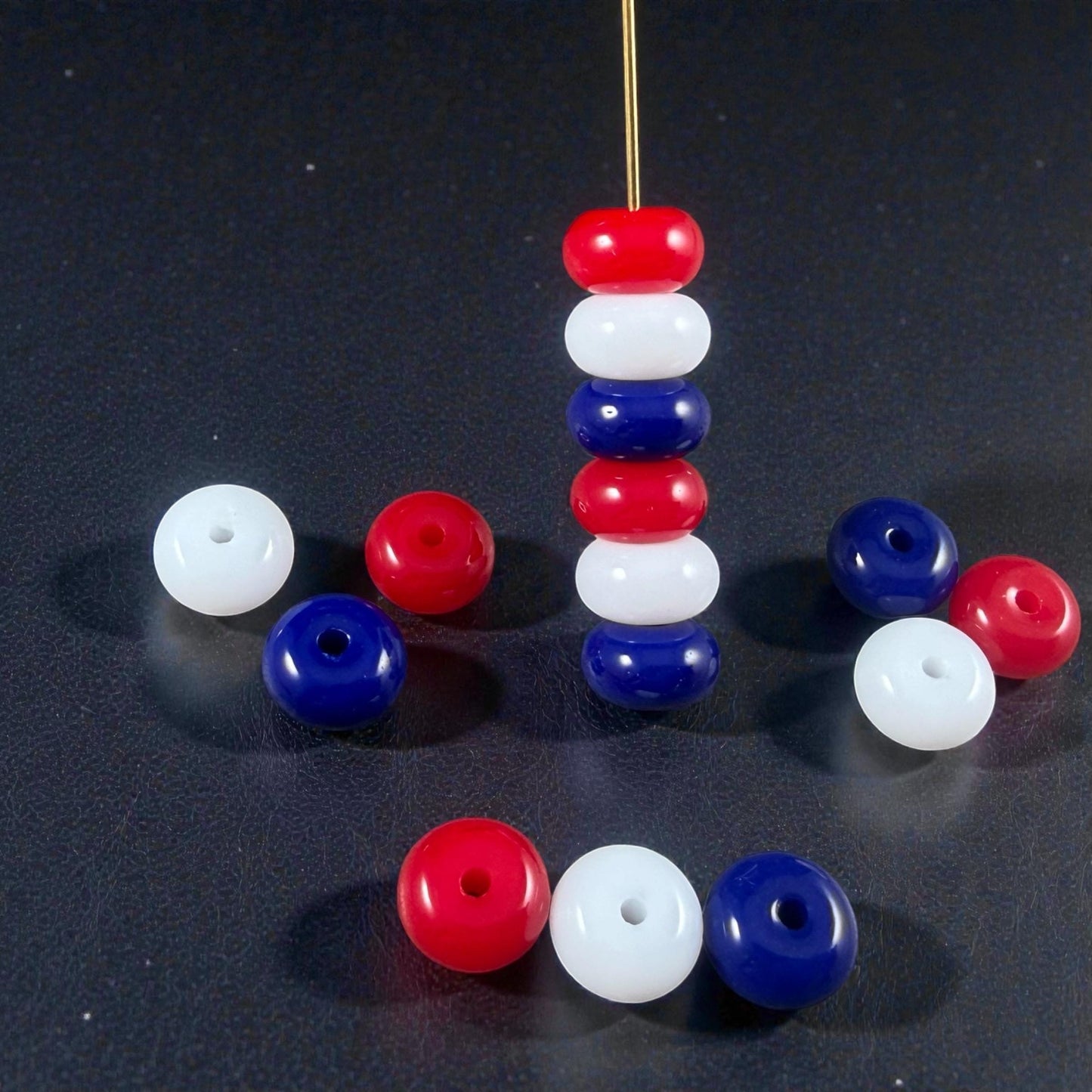 Patriotic Red, White and Blue Bead Mix, 8x5mm Opaque Glass Rondelles - 36 Beads - 7" Strand