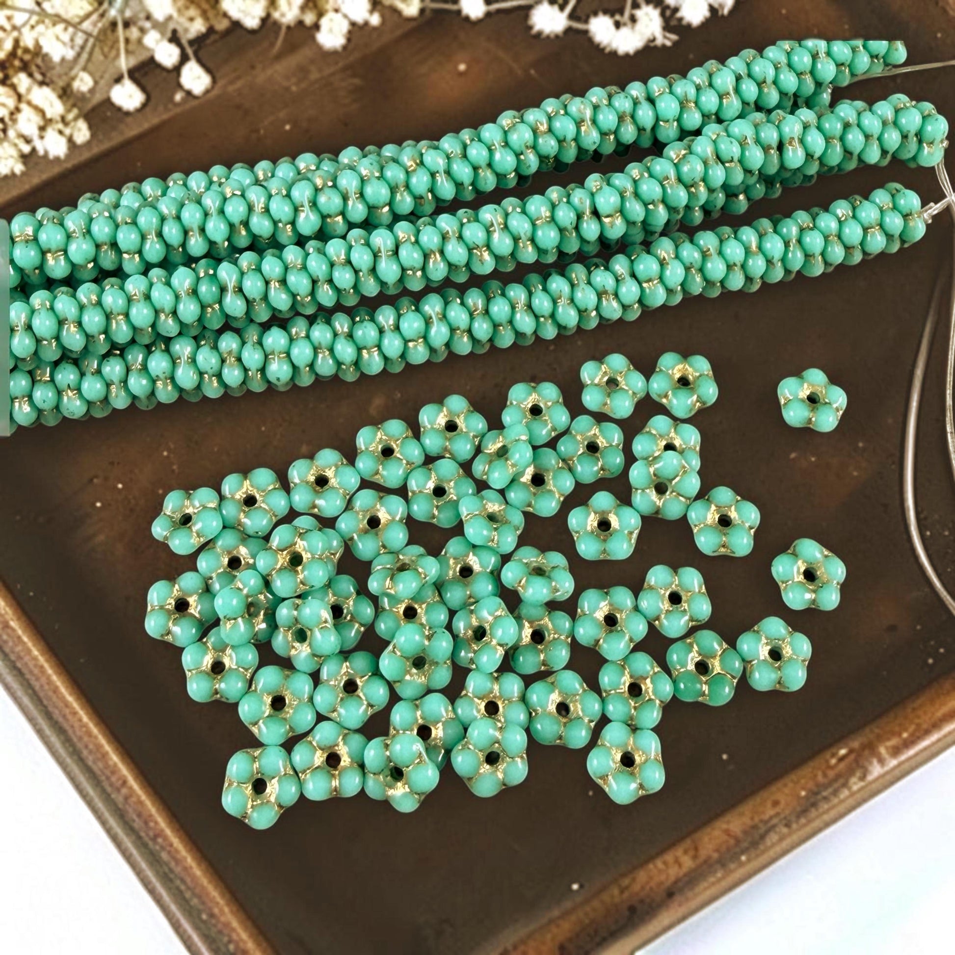 Czech Glass Beads - 5mm Daisy Spacer, Turquoise with Gold Wash (DaisySp5) * Qty. 50