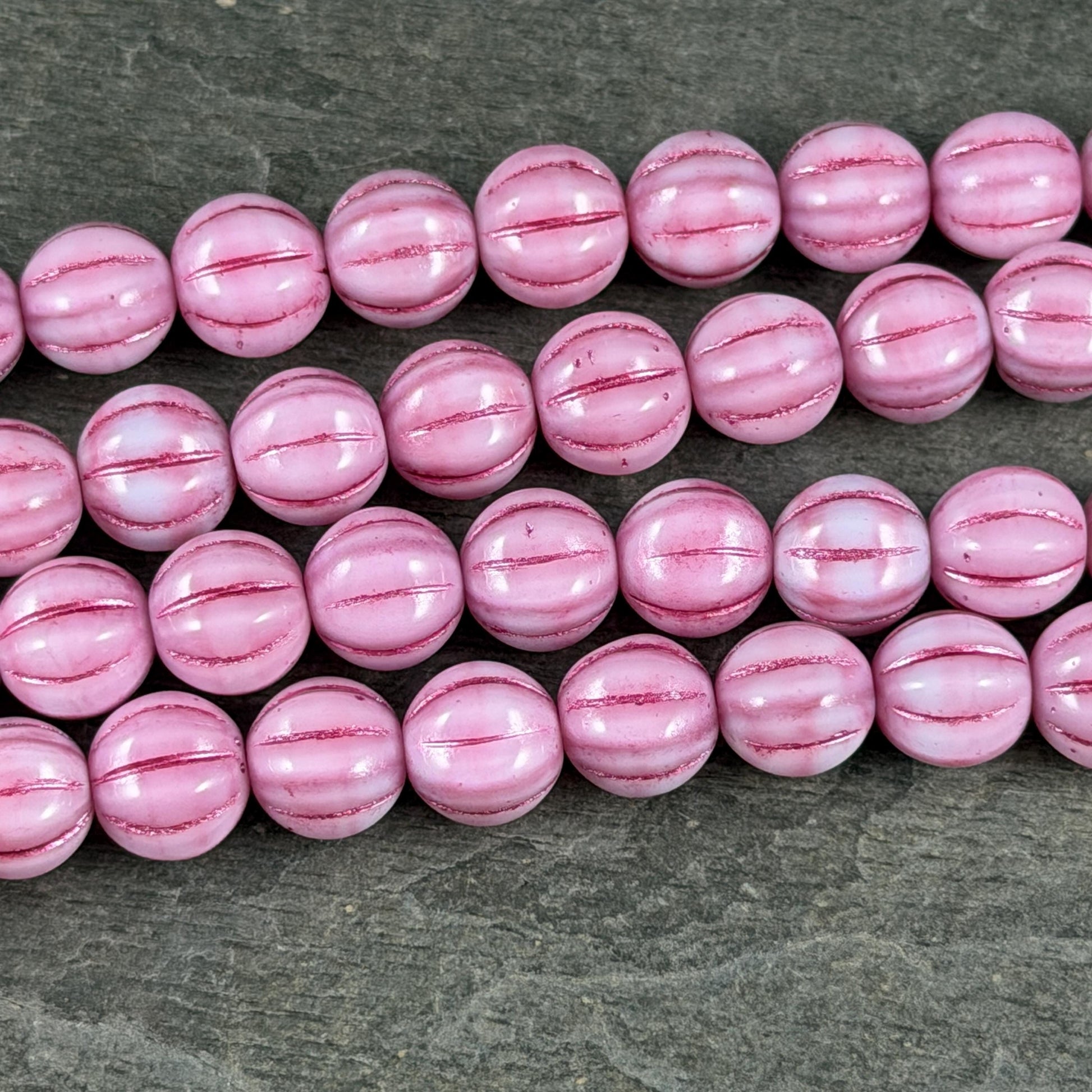 Czech Beads - 8mm Melon, Opaque Pink and White with Fuchsia Pink Wash (ML8/PP) * 15 Beads