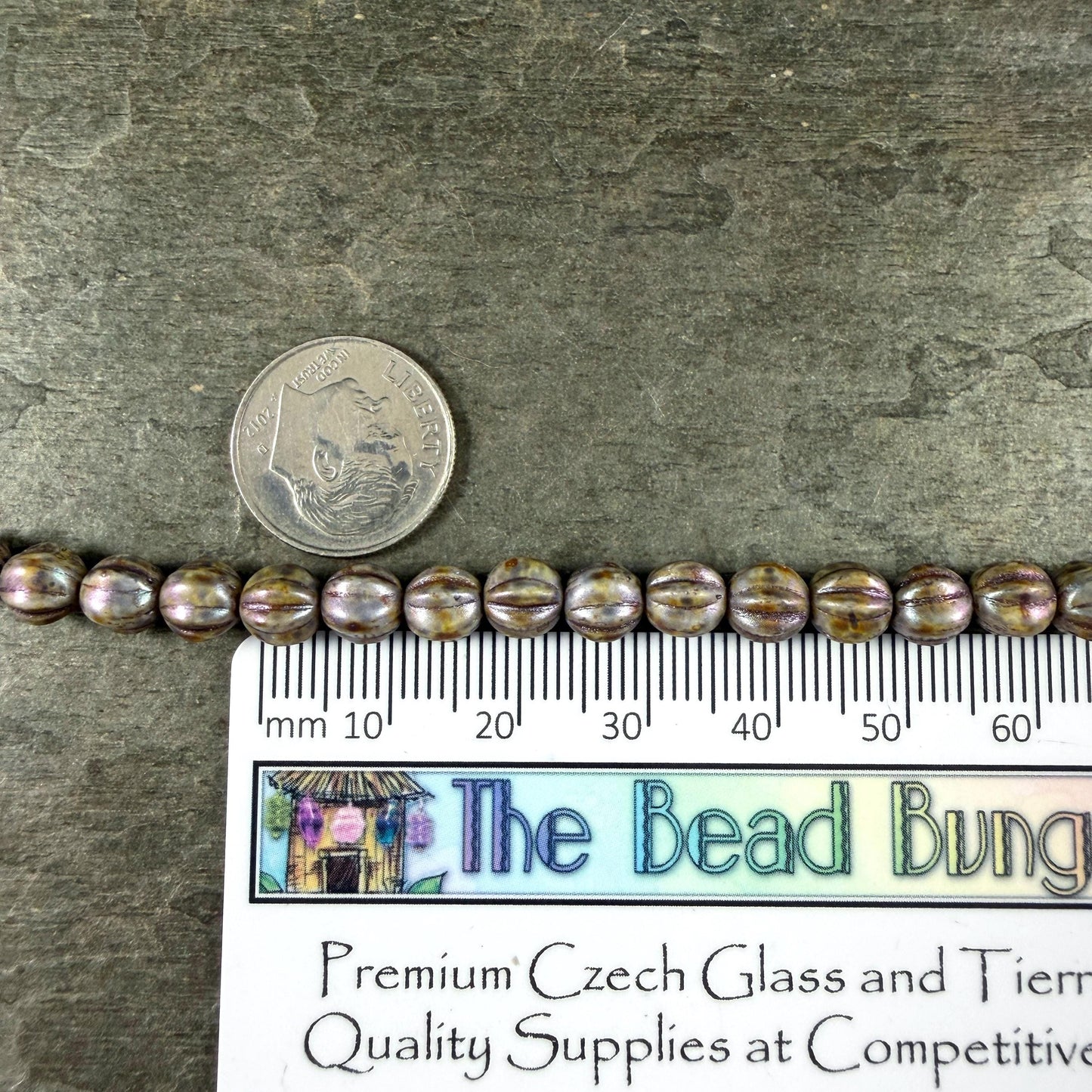 Czech Glass, 6mm Melon, Alabaster with Slate Blue Gray Picasso (ML6/91) * Qty. 25