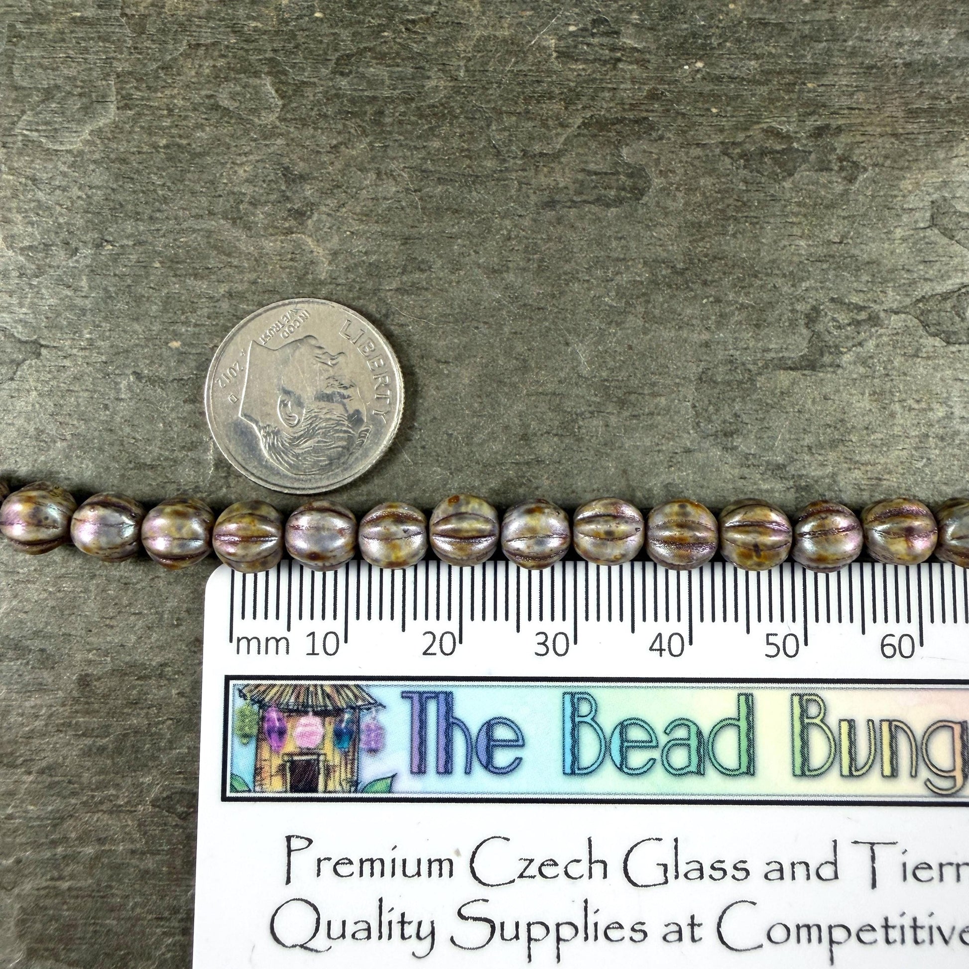 Czech Glass, 6mm Melon, Alabaster with Slate Blue Gray Picasso (ML6/91) * Qty. 25
