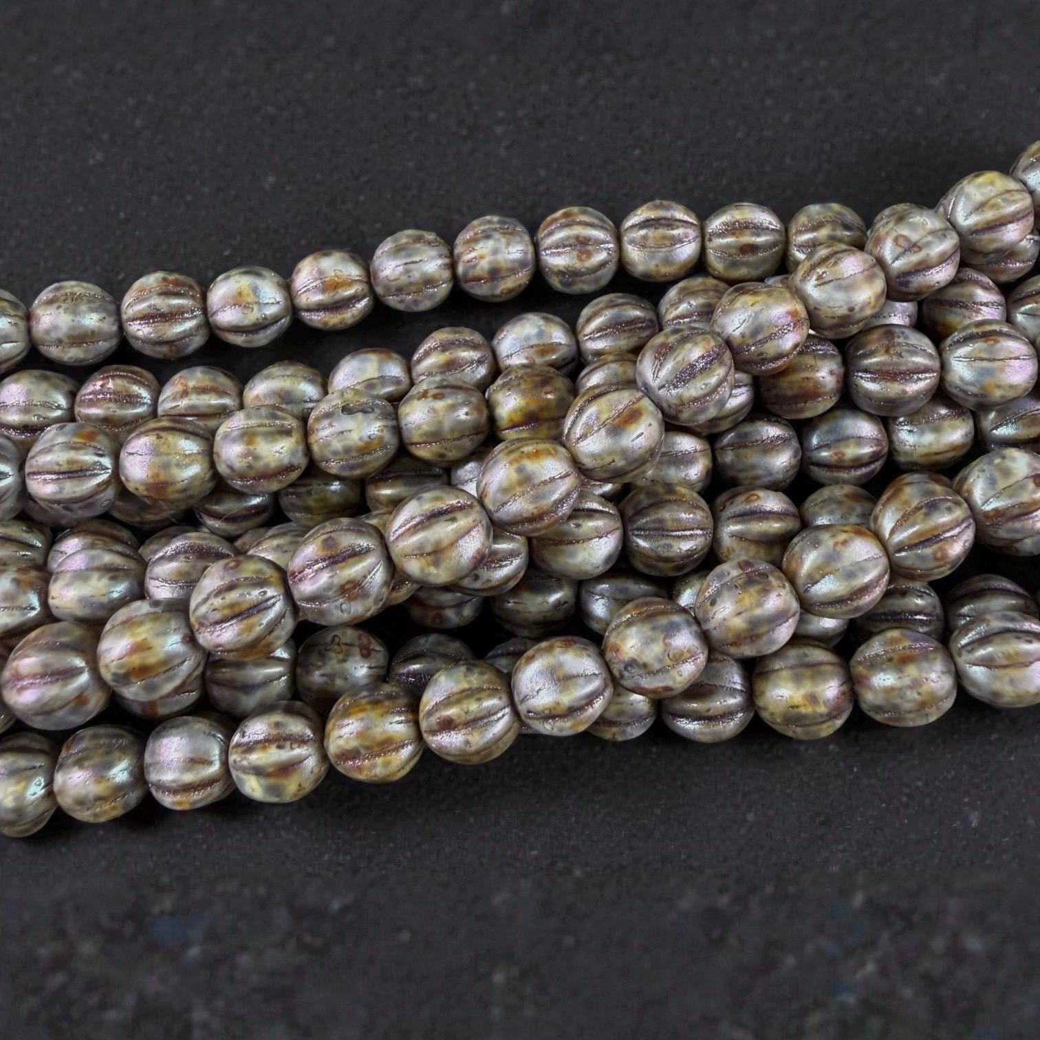 Czech Glass, 6mm Melon, Alabaster with Slate Blue Gray Picasso (ML6/91) * Qty. 25