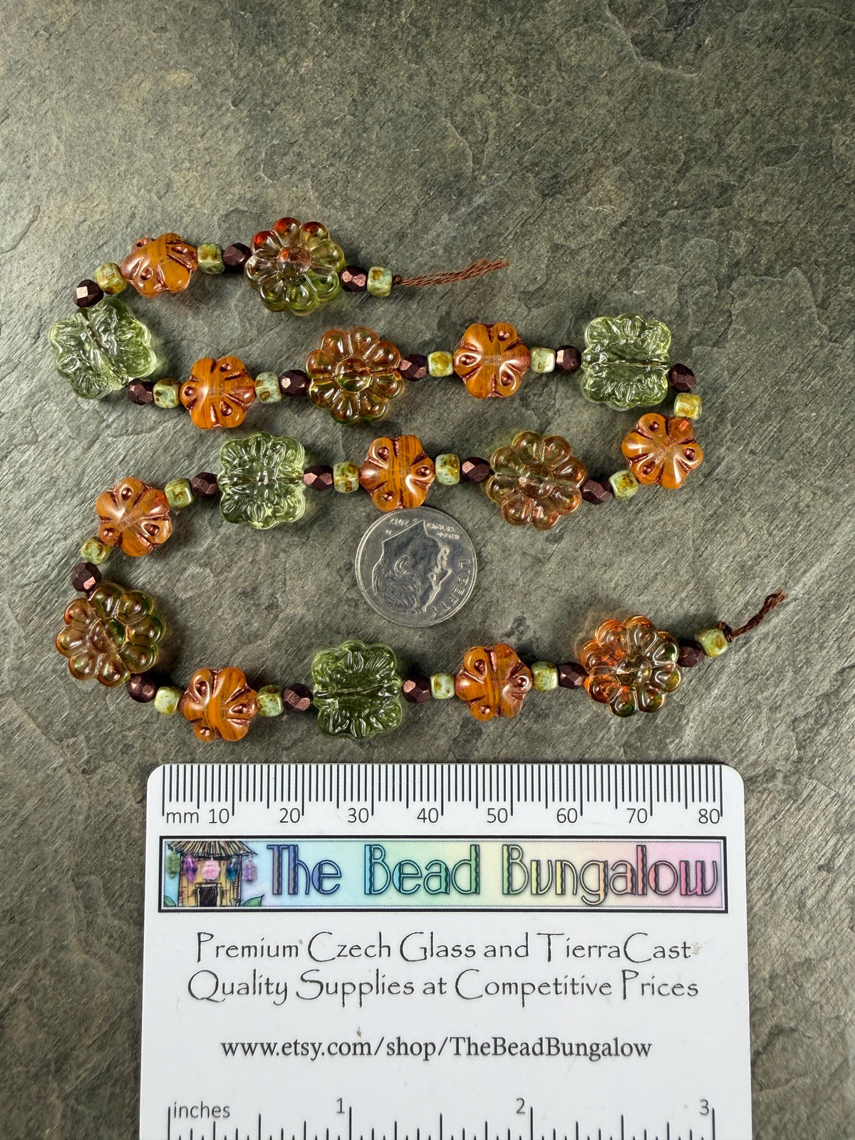 Orange and Green Flower Mix, Exclusive Bead Soup (DZ526.13) - 14" Strand