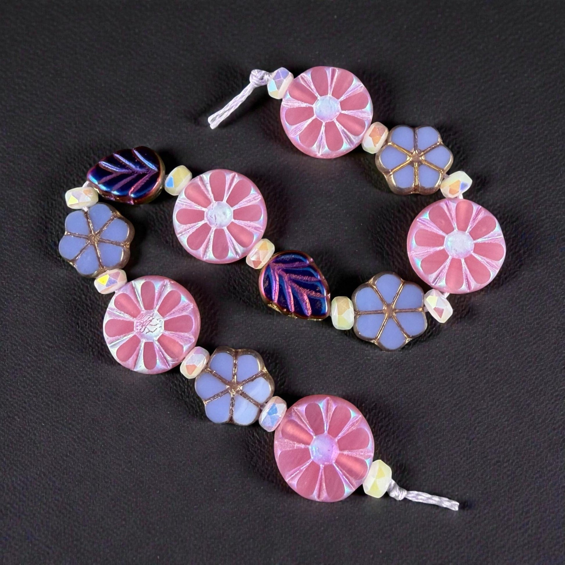 Czech Glass Bead Mix, Floral Theme, Pink and Purple (DZ-526.16) * 6" Strand of 23 Beads