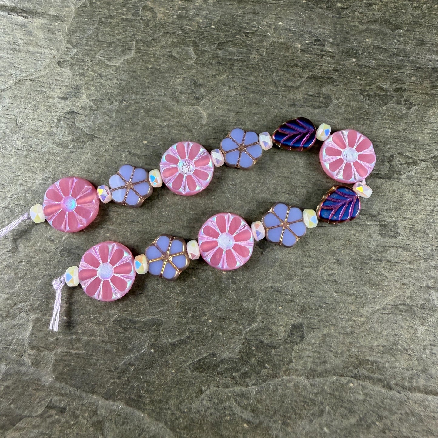 Czech Glass Bead Mix, Floral Theme, Pink and Purple (DZ-526.16) * 6" Strand of 23 Beads