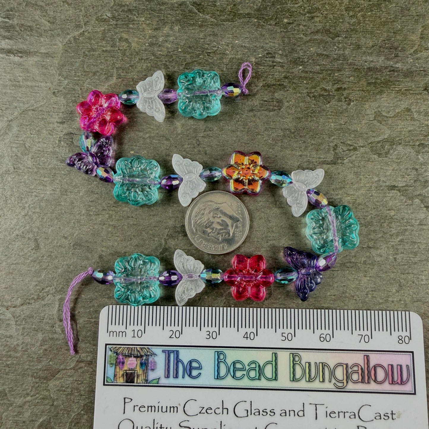 Colorful Flower and Butterfly Bead Mix, Glass Beads, Nature Theme (DZ-525.22) * 8" Strand