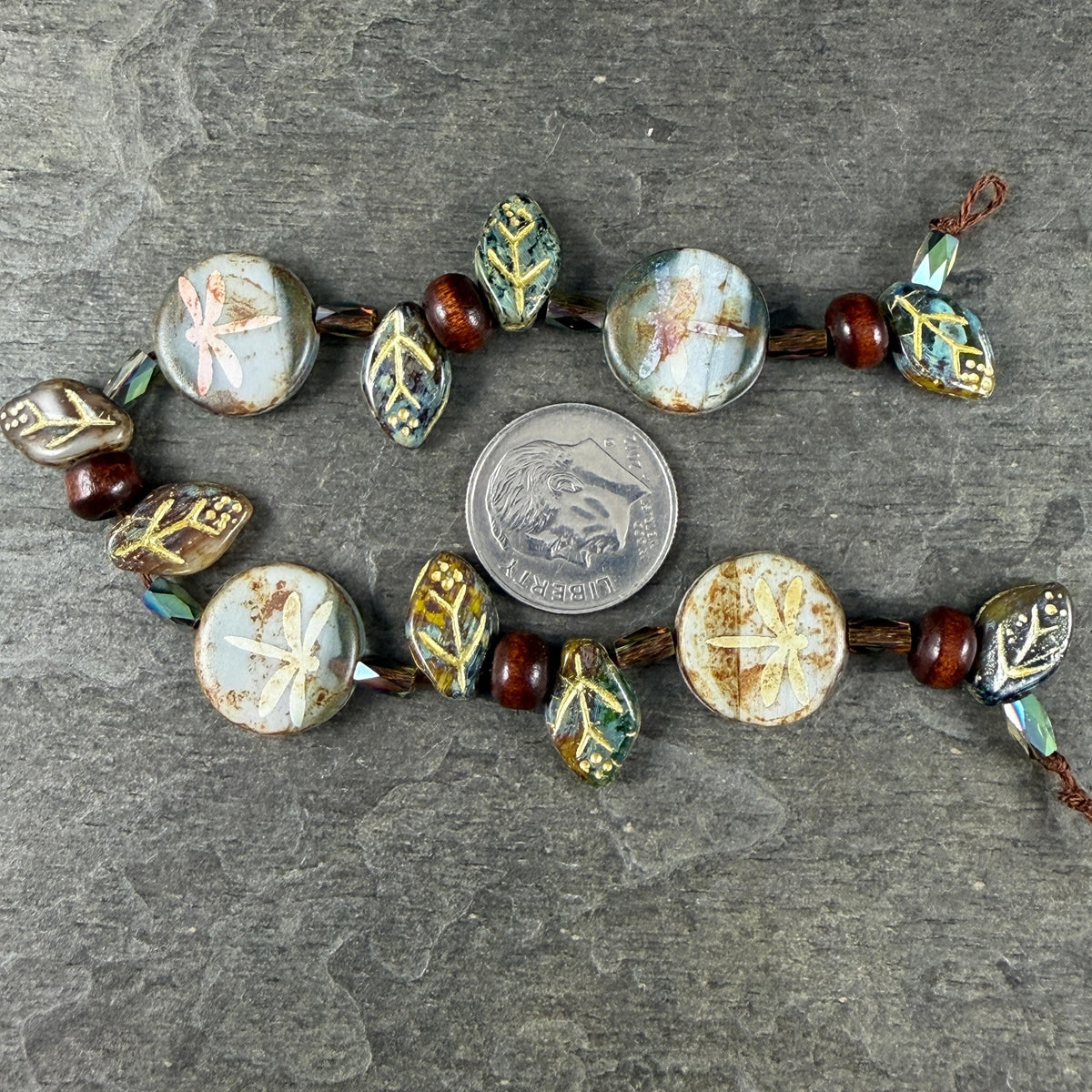 Nature Theme, Czech Glass Beads, Dragonfly Coin Exclusive Mix (DZ526.15) - 7" Strand