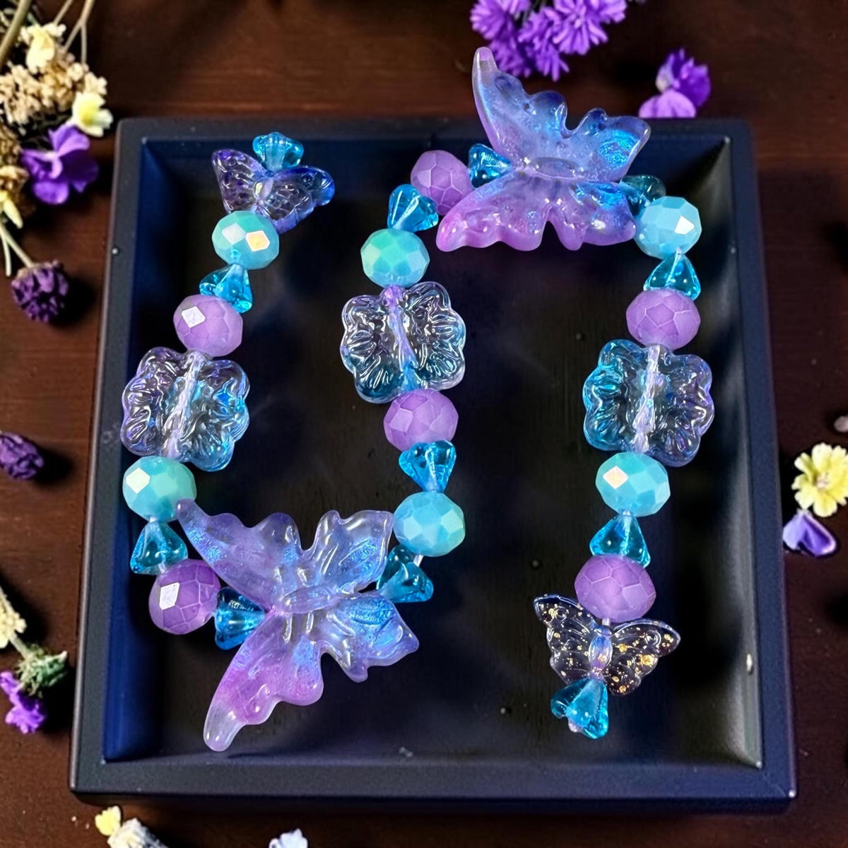 Butterfly Beads, Electric Lavender and Aqua, Glass Butterflies and Flowers (DZ-526.23) * 8" Strand 31 Beads
