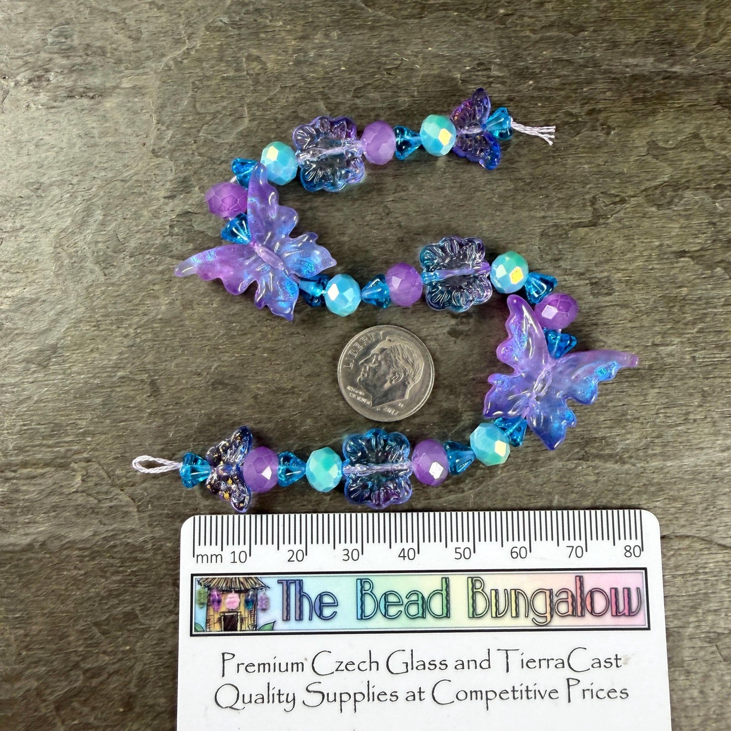 Butterfly Beads, Electric Lavender and Aqua, Glass Butterflies and Flowers (DZ-526.23) * 8" Strand 31 Beads