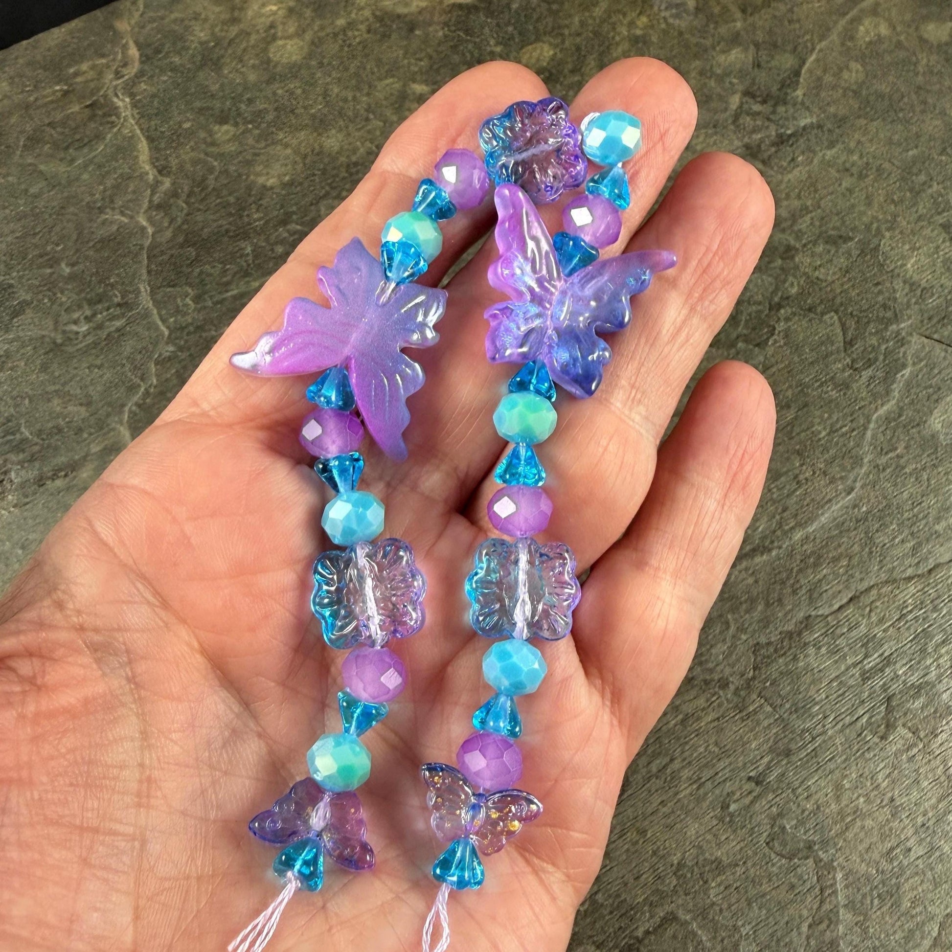 Butterfly Beads, Electric Lavender and Aqua, Glass Butterflies and Flowers (DZ-526.23) * 8" Strand 31 Beads