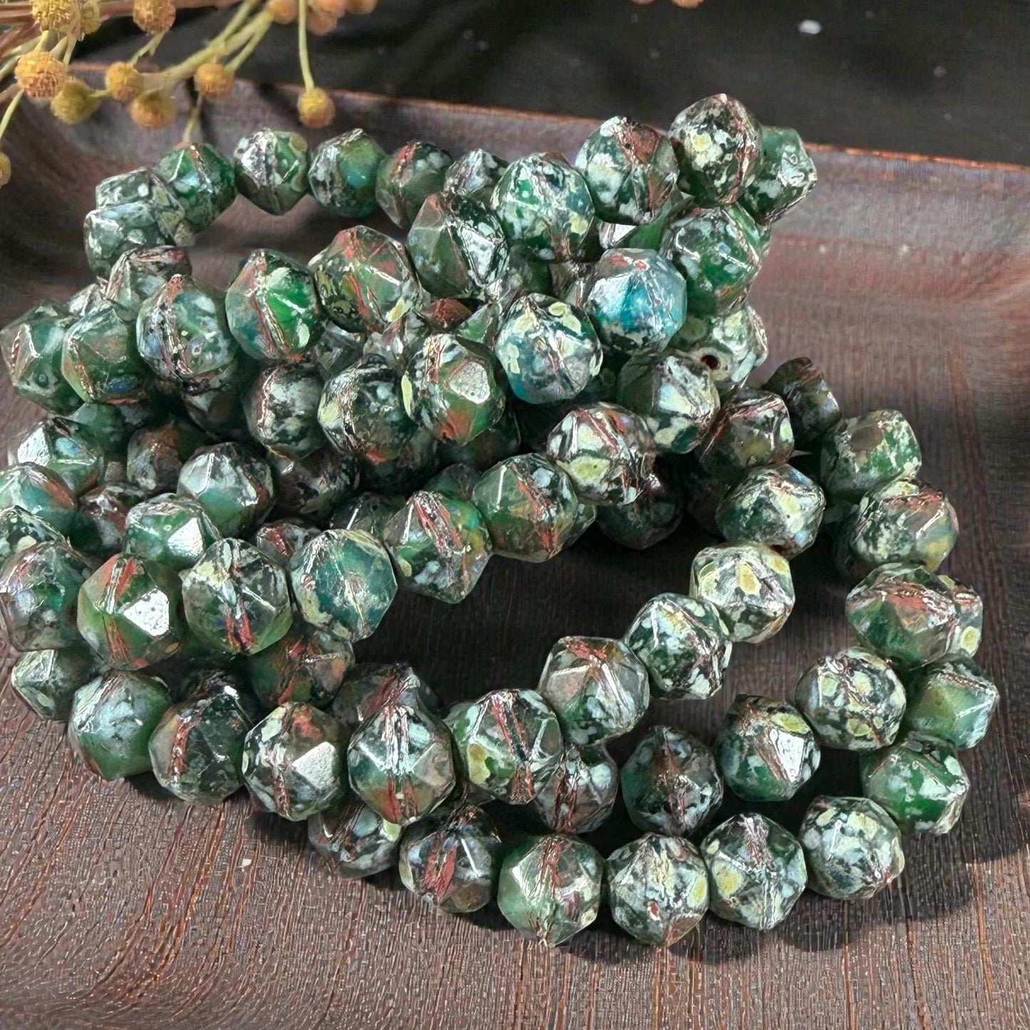 Czech Glass Beads - 8mm English Cut, Emerald and Green Apple Picasso (EC/N-1303B) * Qty. 20