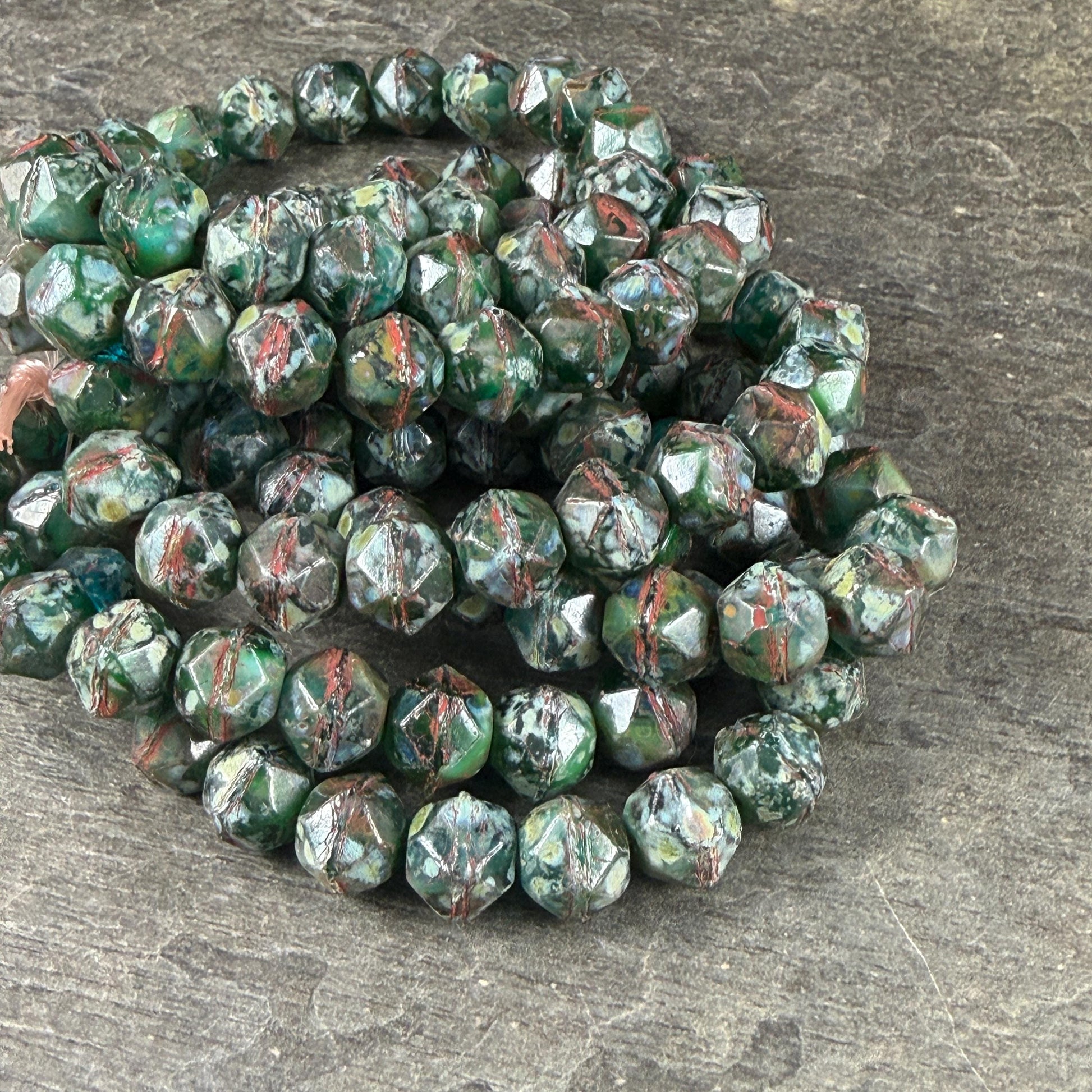 Czech Glass Beads - 8mm English Cut, Emerald and Green Apple Picasso (EC/N-1303B) * Qty. 20