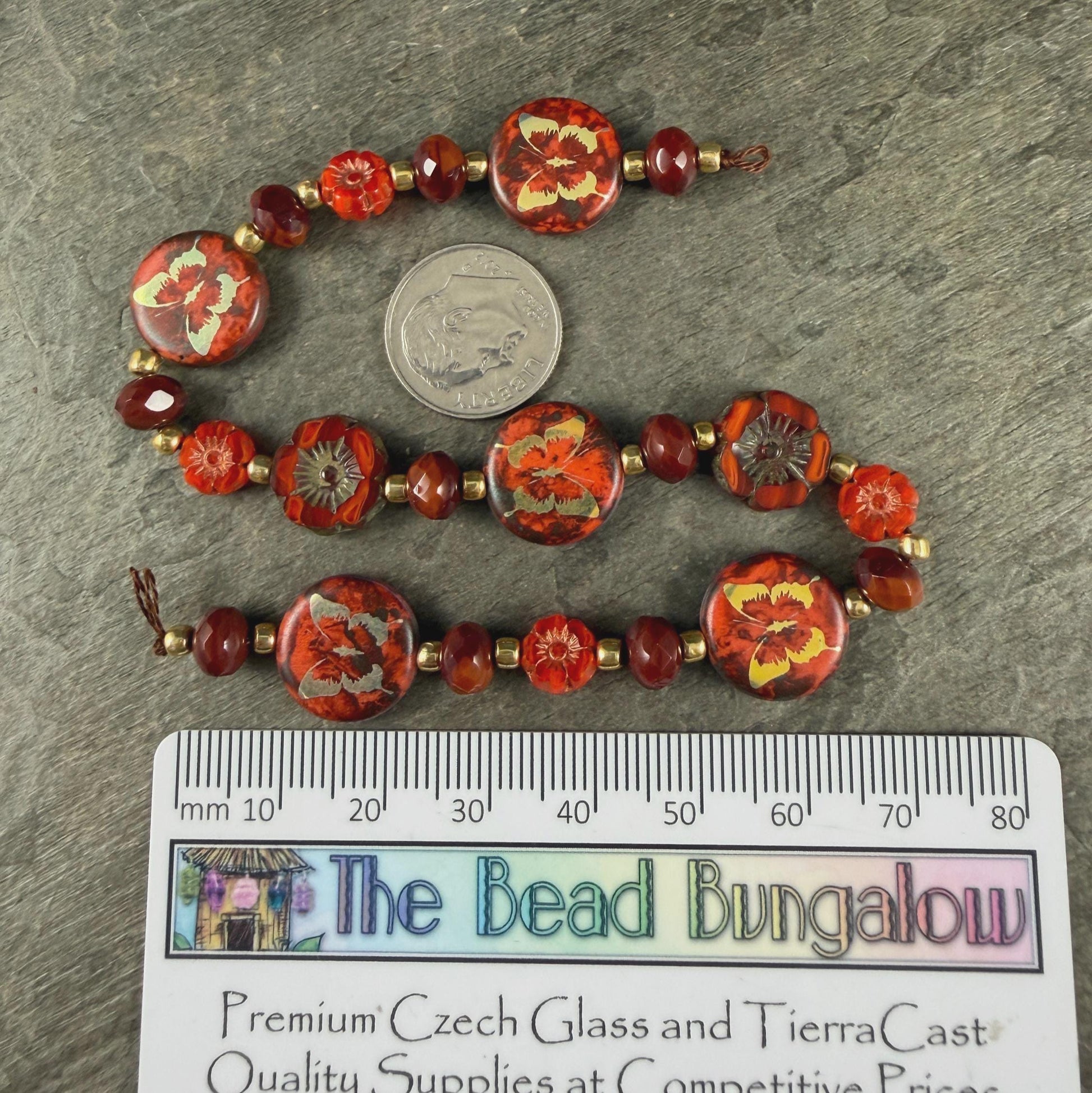 Orange, Gold and Dark Red Czech Glass Butterfly Beads - (DZ-526.11) * 9" Strand