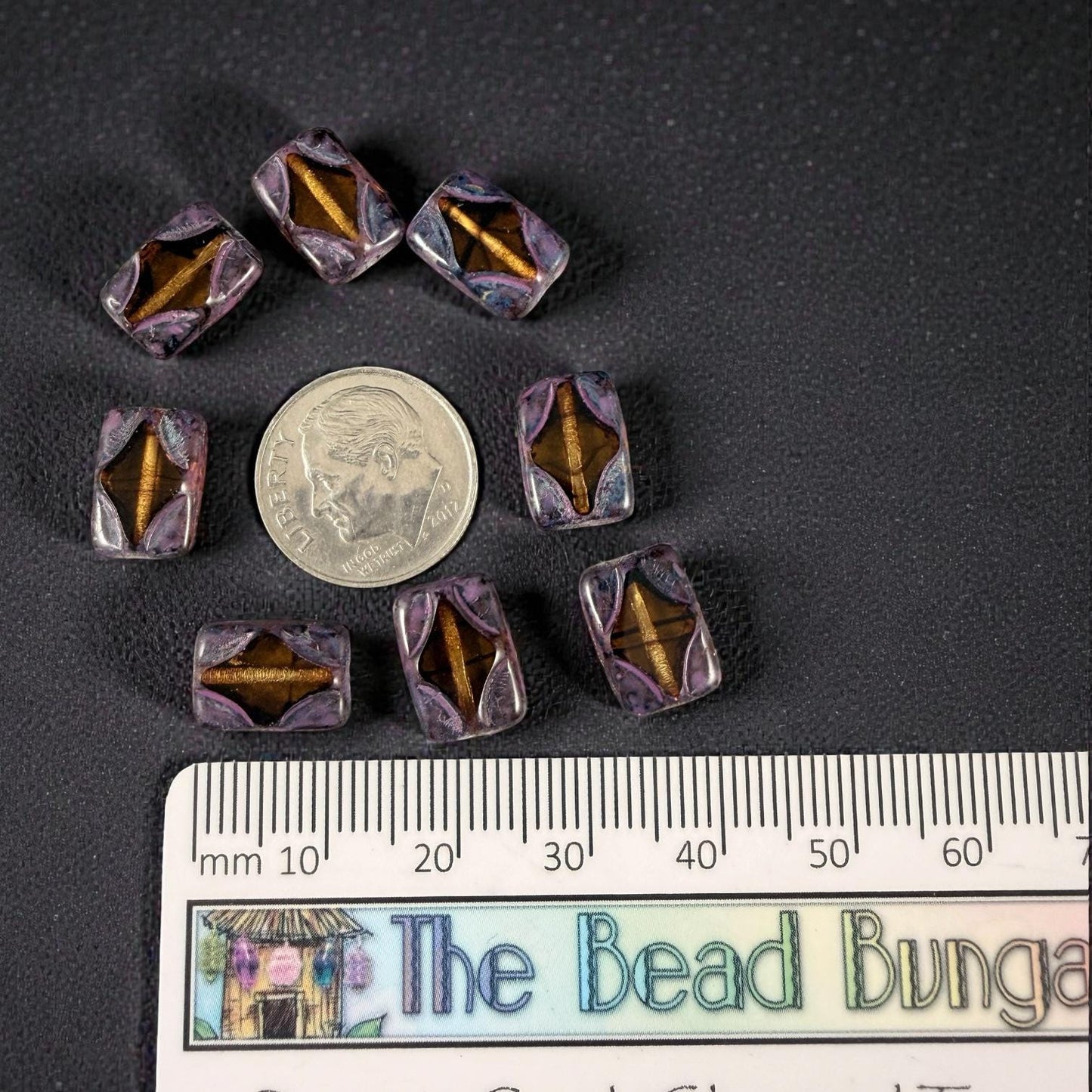 Czech Beads - 12x8mm Table-Cut Rectangle, Transparent Topaz with Purple Wash (TCDR3) * 8 Beads
