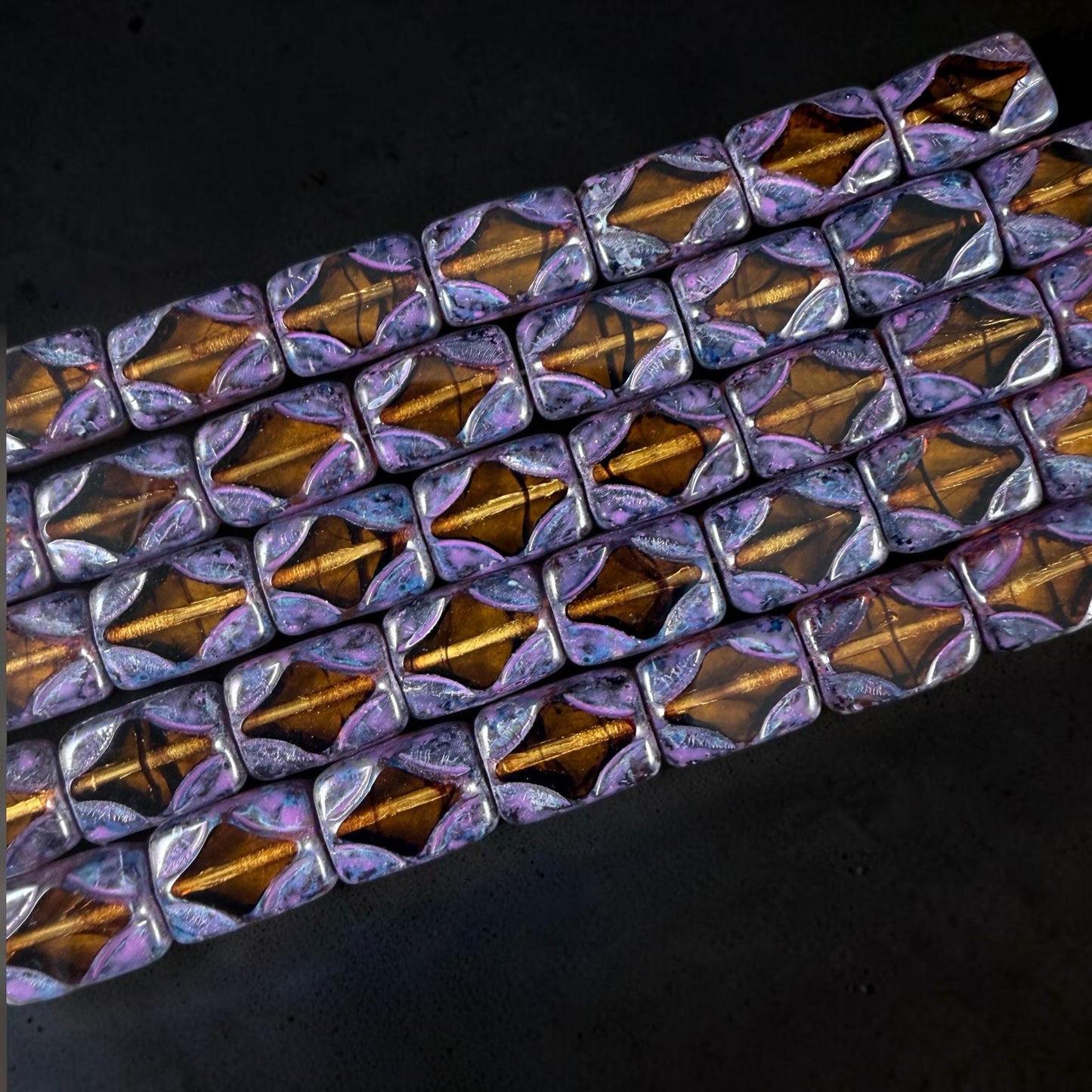 Czech Beads - 12x8mm Table-Cut Rectangle, Transparent Topaz with Purple Wash (TCDR3) * 8 Beads