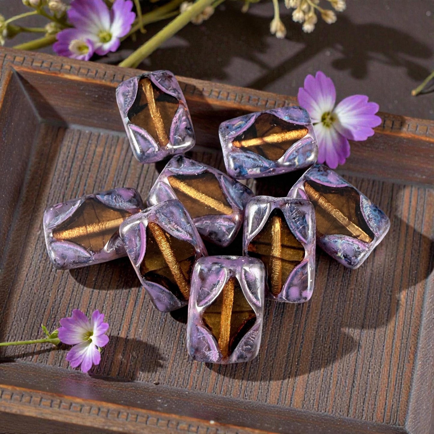 Czech Beads - 12x8mm Table-Cut Rectangle, Transparent Topaz with Purple Wash (TCDR3) * 8 Beads