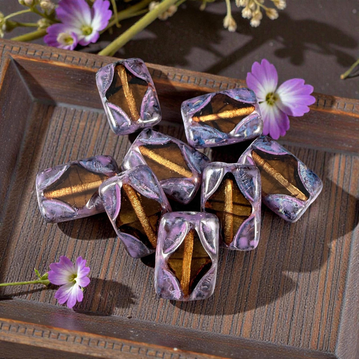 Czech Beads - 12x8mm Table-Cut Rectangle, Transparent Topaz with Purple Wash (TCDR3) * 8 Beads