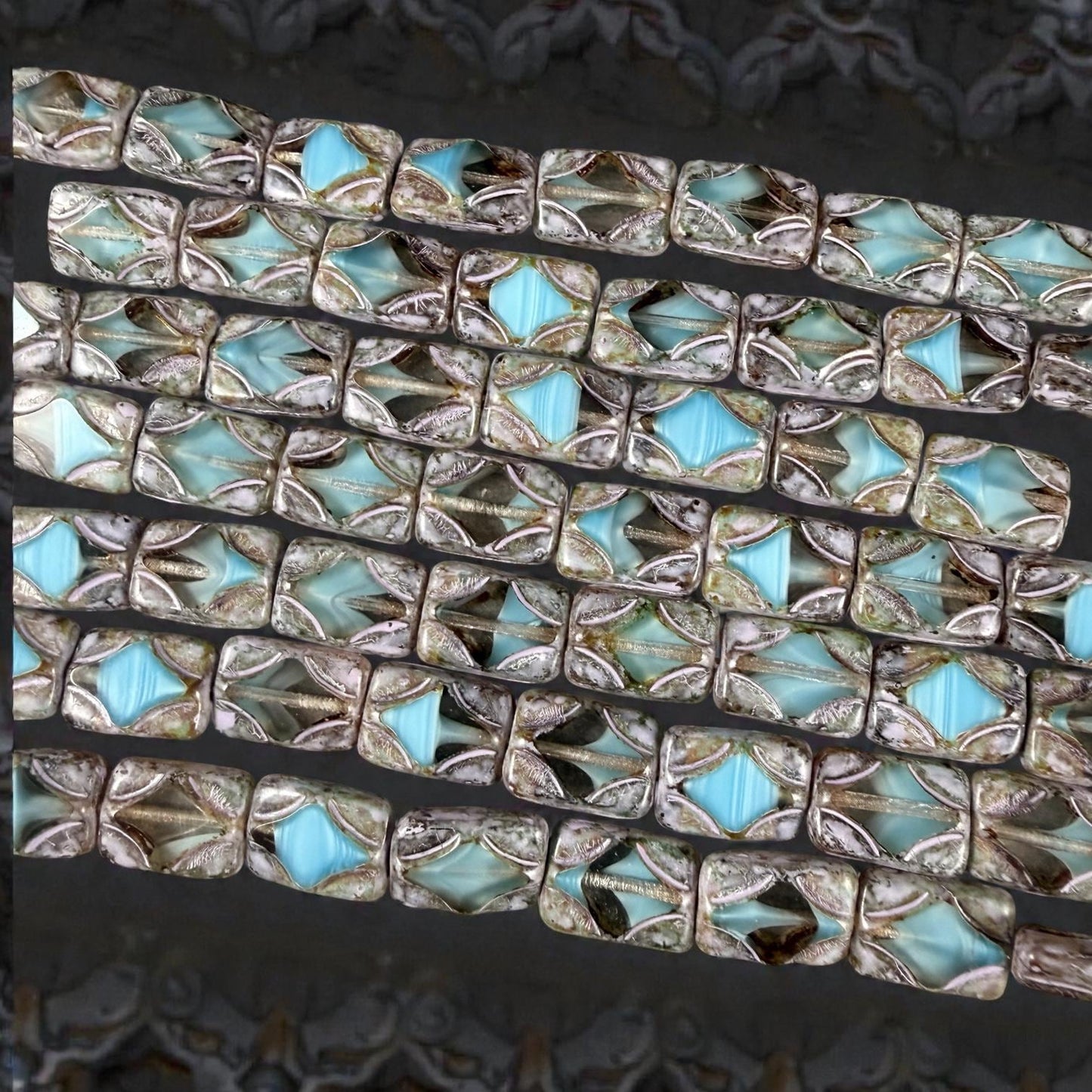 Czech Beads - 12x8mm Table-Cut Rectangle, Transparent and Sky Blue with Picasso (TCDR5) * 8 Beads