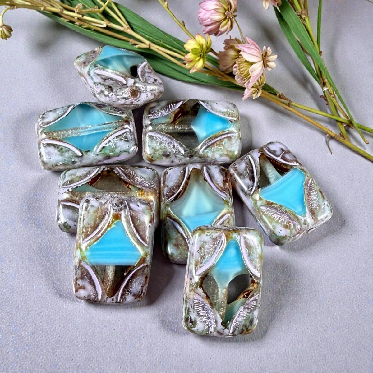Czech Beads - 12x8mm Table-Cut Rectangle, Transparent and Sky Blue with Picasso (TCDR5) * 8 Beads