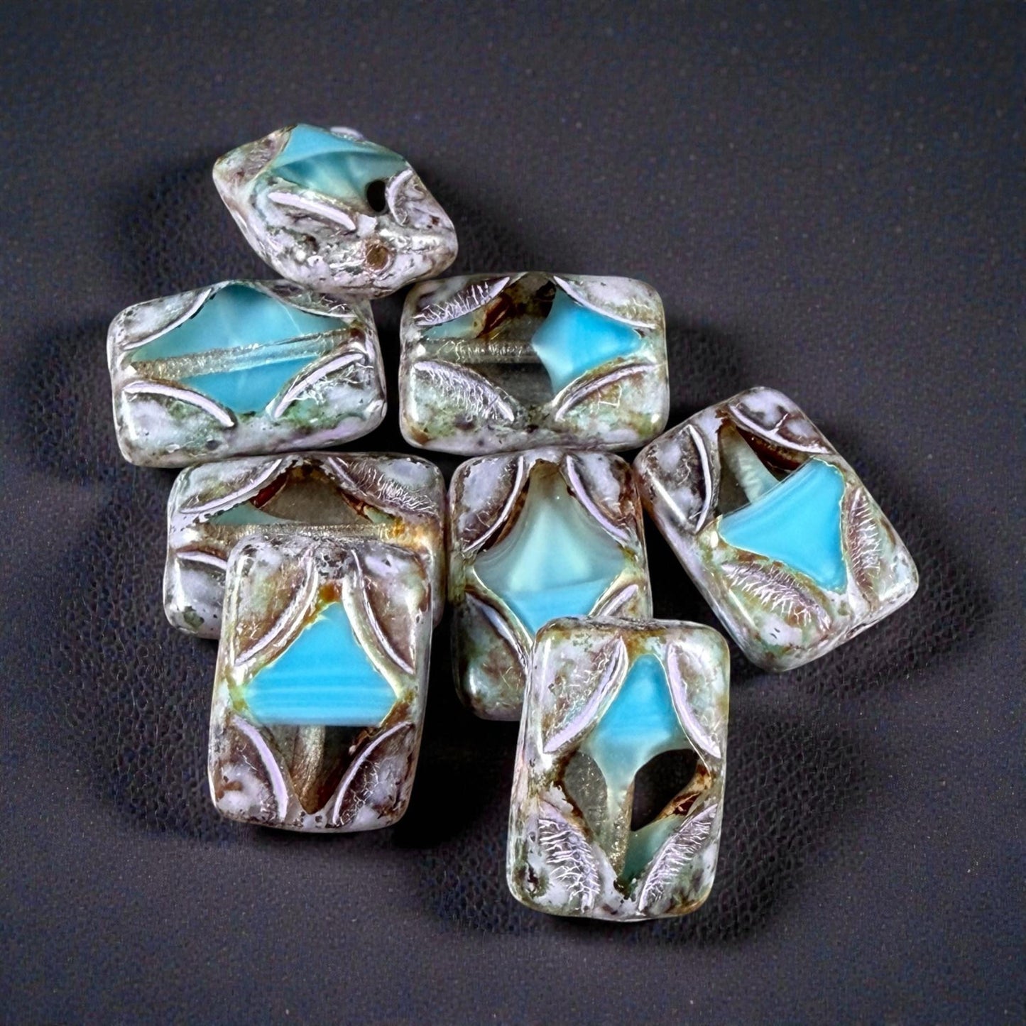 Czech Beads - 12x8mm Table-Cut Rectangle, Transparent and Sky Blue with Picasso (TCDR5) * 8 Beads
