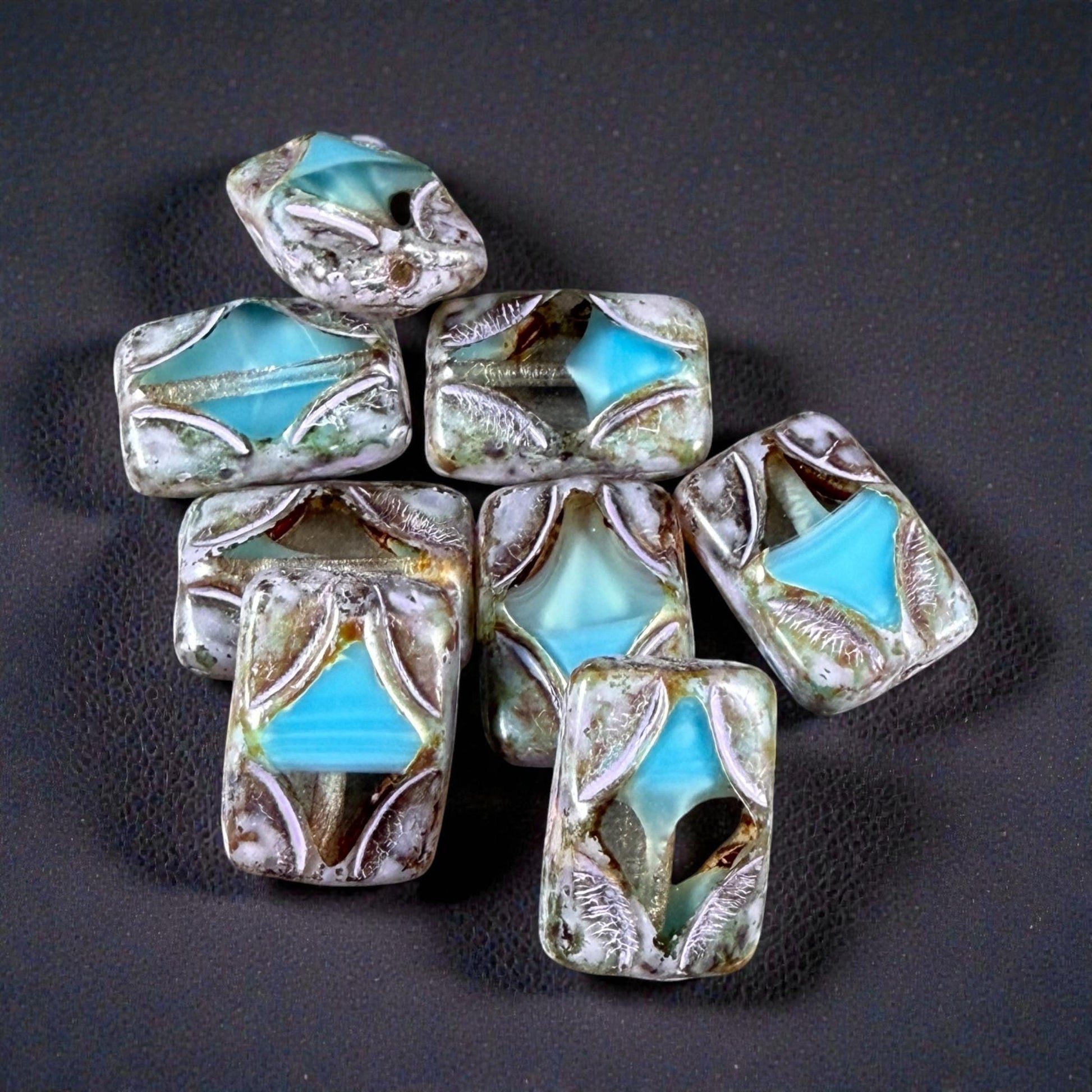 Czech Beads - 12x8mm Table-Cut Rectangle, Transparent and Sky Blue with Picasso (TCDR5) * 8 Beads