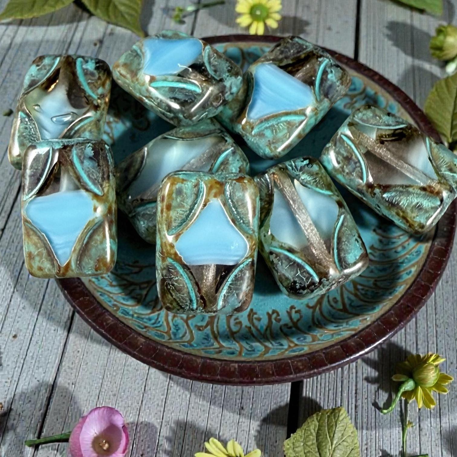 Czech Beads - 12x8mm Table-Cut Rectangle, Clear and Sky Blue with Travertine Picasso (TCDR2) * 8 Beads