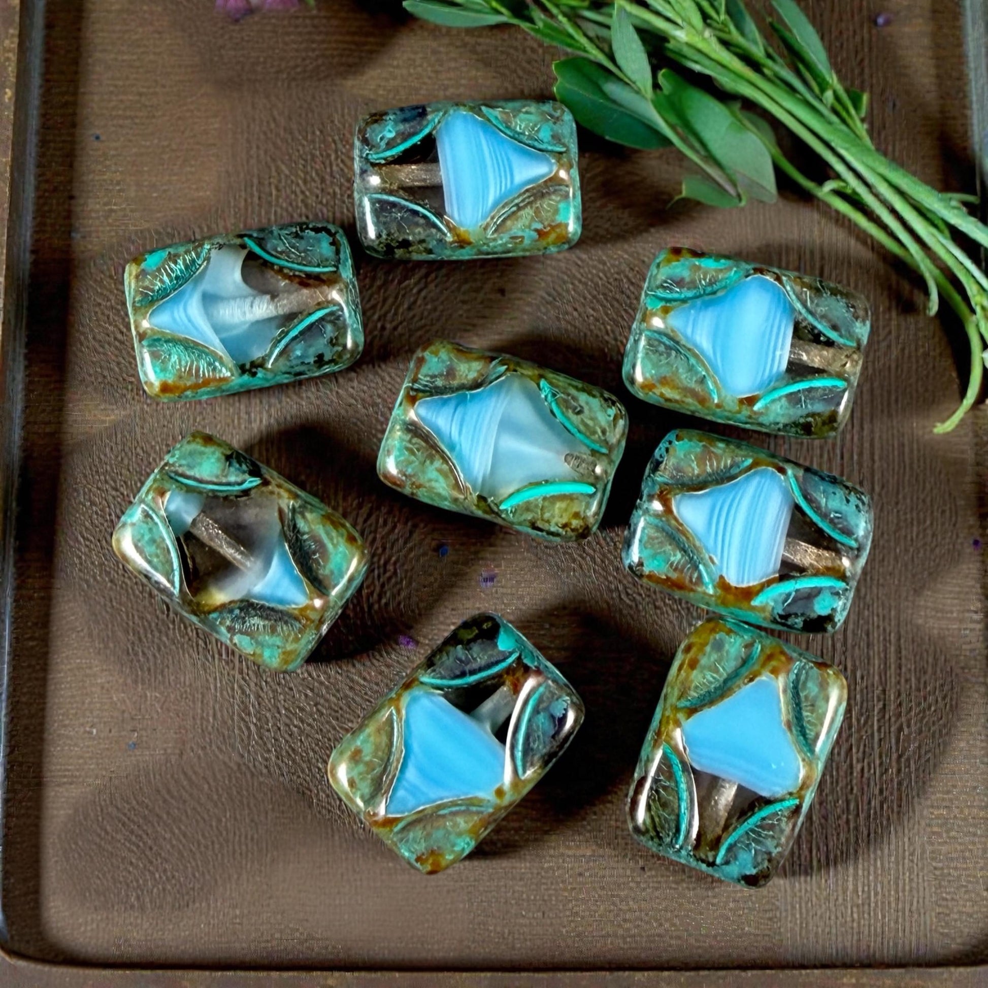 Czech Beads - 12x8mm Table-Cut Rectangle, Clear and Sky Blue with Travertine Picasso (TCDR2) * 8 Beads