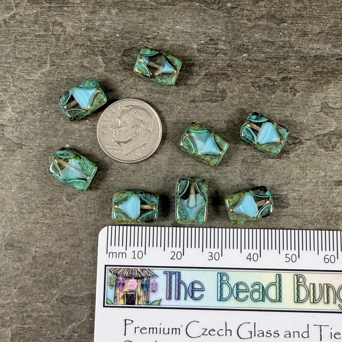 Czech Beads - 12x8mm Table-Cut Rectangle, Clear and Sky Blue with Travertine Picasso (TCDR2) * 8 Beads